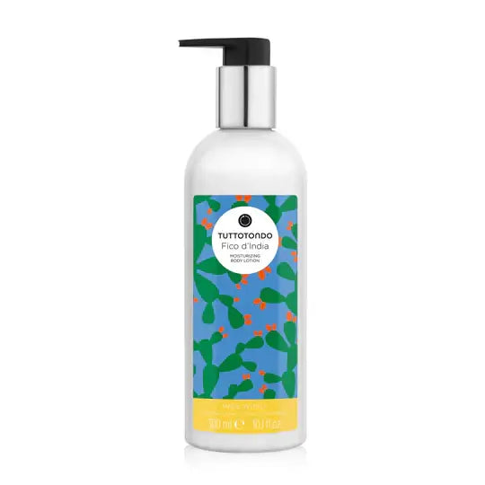 Fico d'India body lotion with nourishing ingredients in a stylish pump bottle, featuring a colorful cactus design.