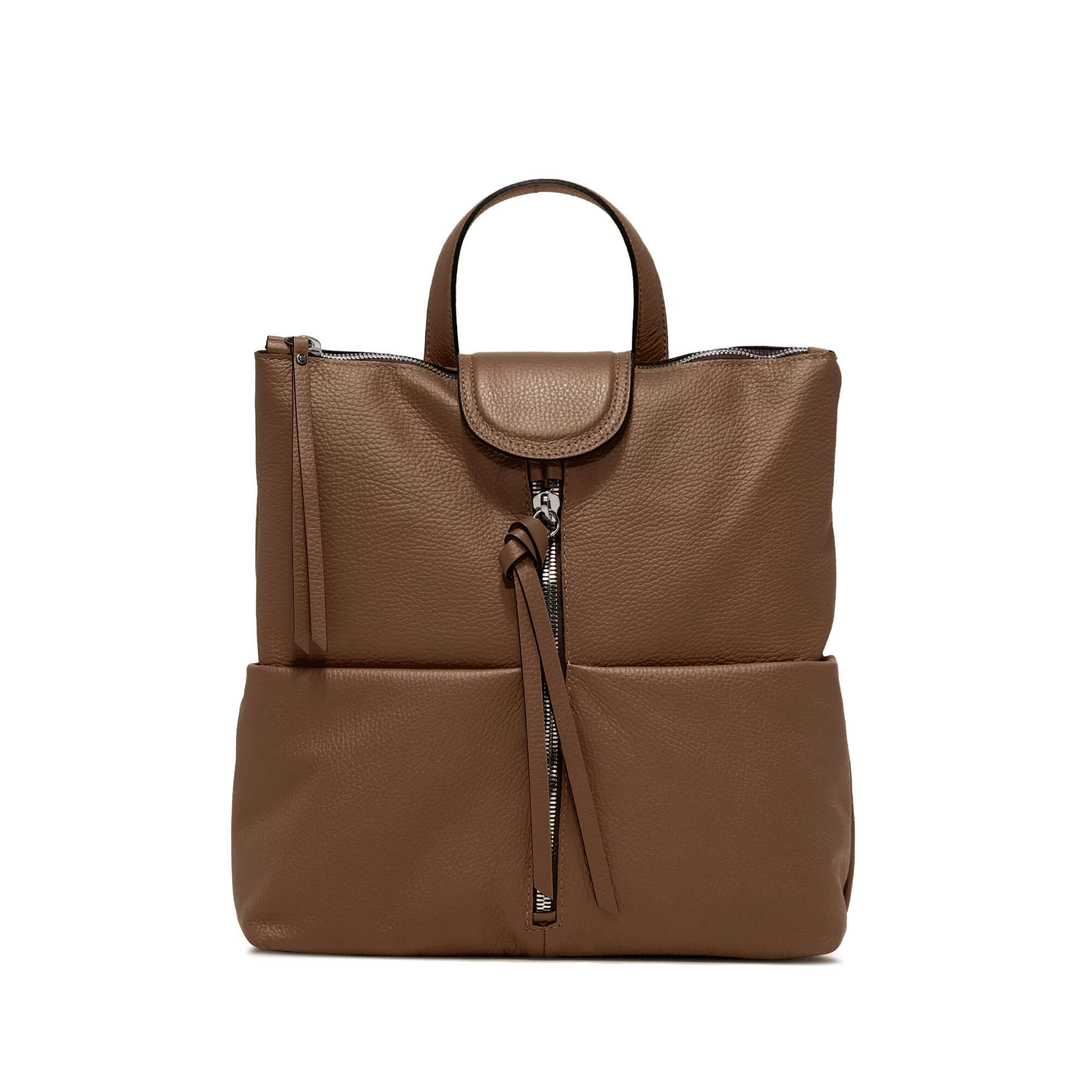 GIADA leather backpack with front zip, adjustable straps, and multiple pockets, size 31x33x12 cm.