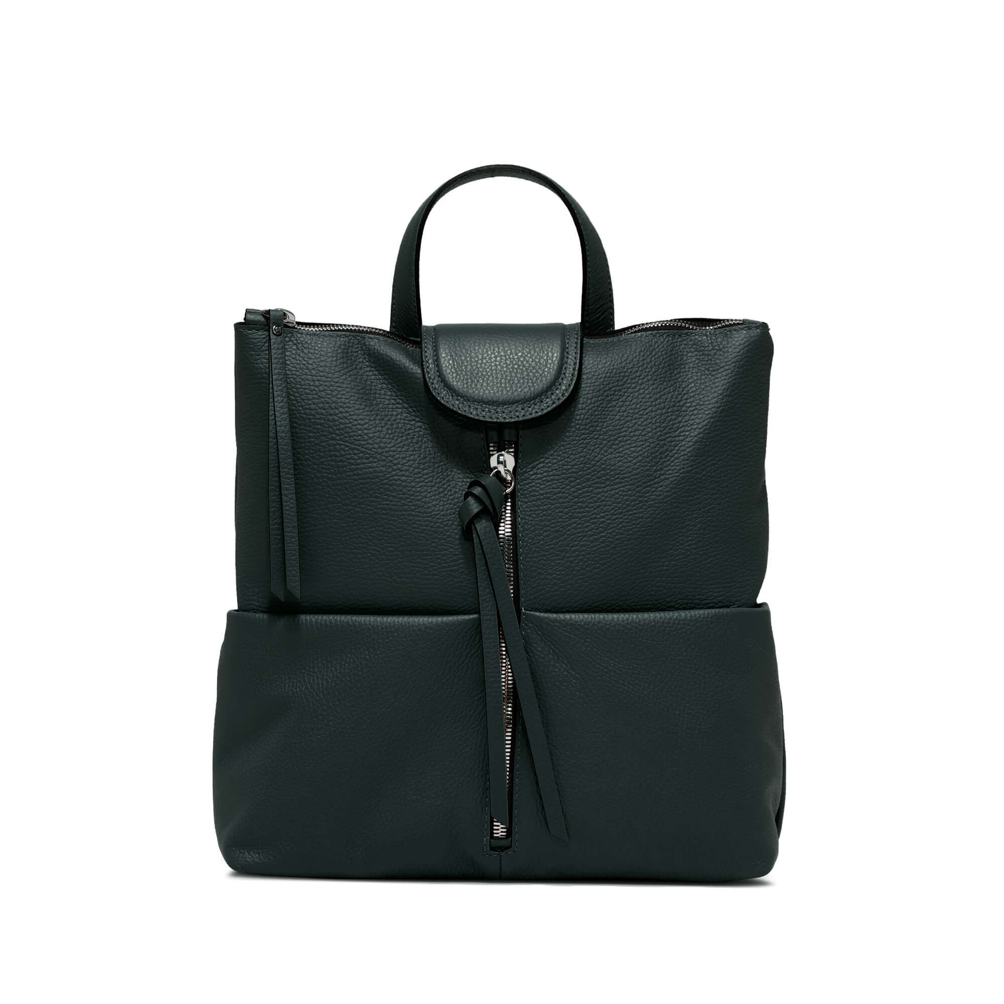 Elegant green leather backpack with flat front pockets and adjustable straps, dimensions 31x33x12 cm.