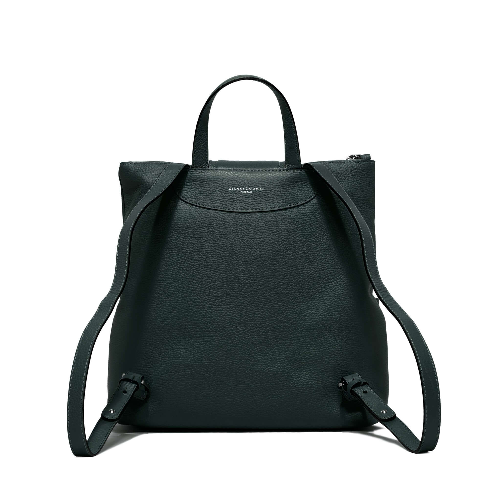 GIADA green leather backpack with adjustable straps and zipped front opening, perfect accessory for everyday use.