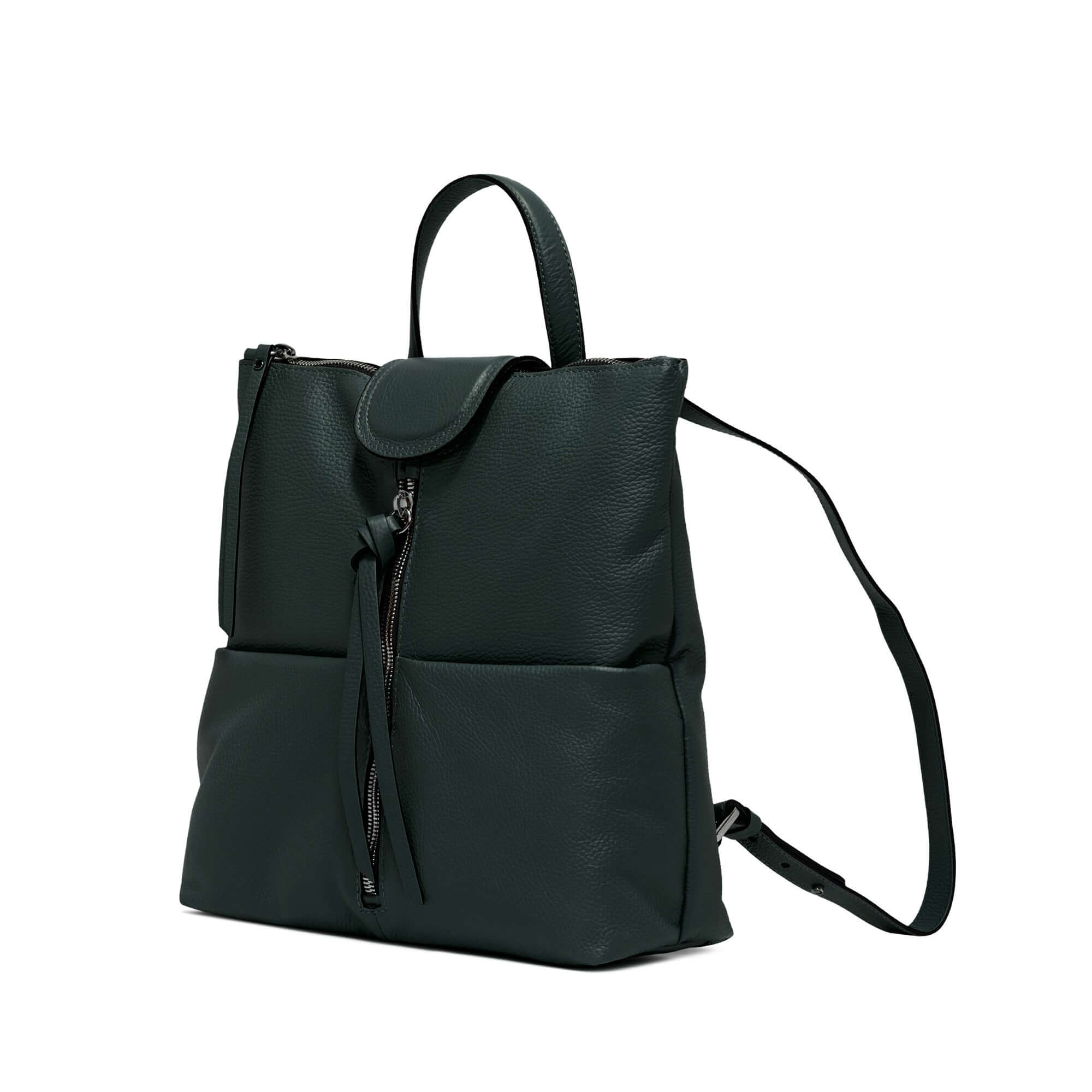 Giada green textured leather backpack with adjustable straps, front zip pocket, and front flap closure.