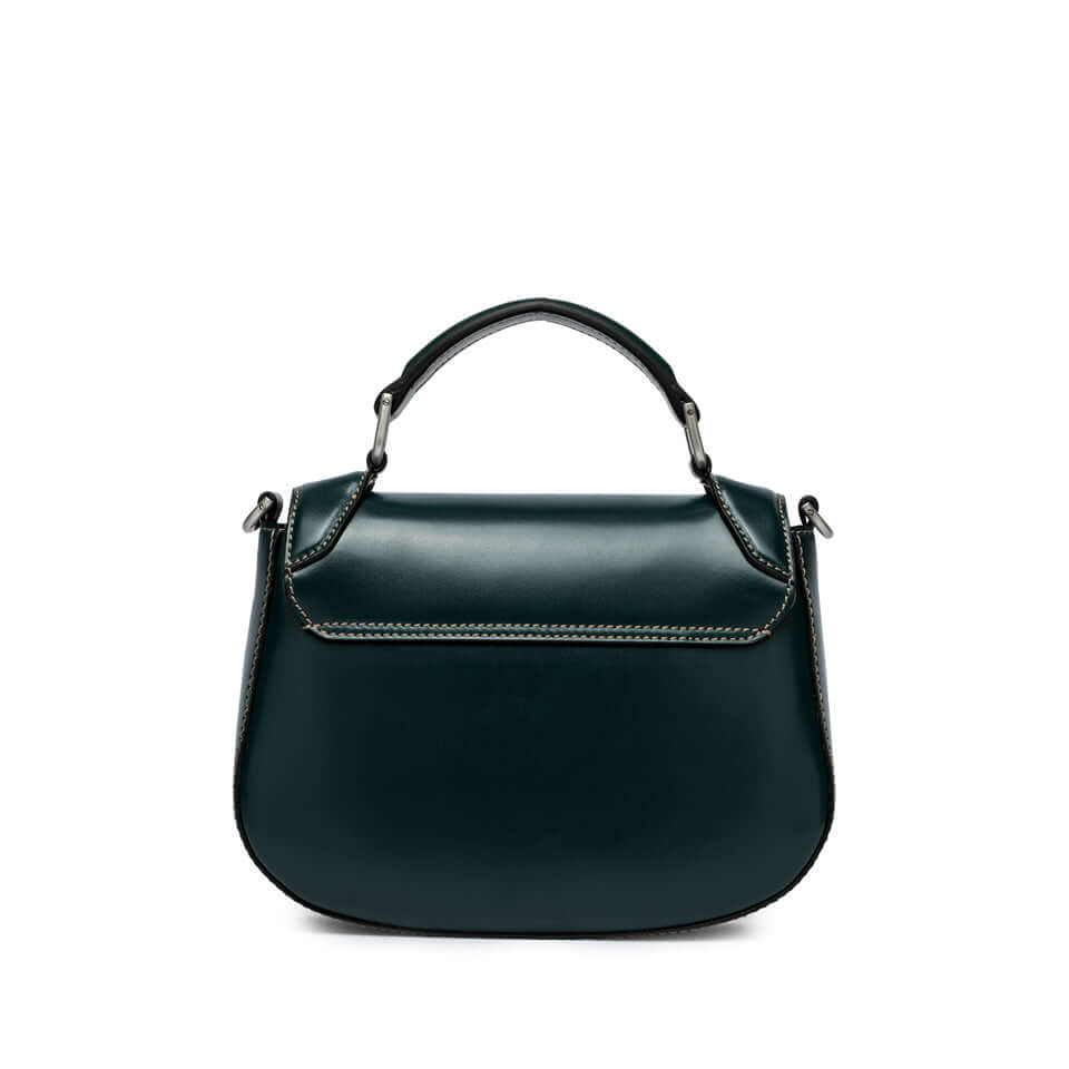 Elegant green leather handbag, featuring a detachable strap and contrasting stitching, perfect for hand and crossbody carry.