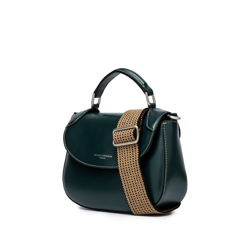 Green leather bag with a braided strap and contrast stitching, featuring a handle and a flap with a buckle.