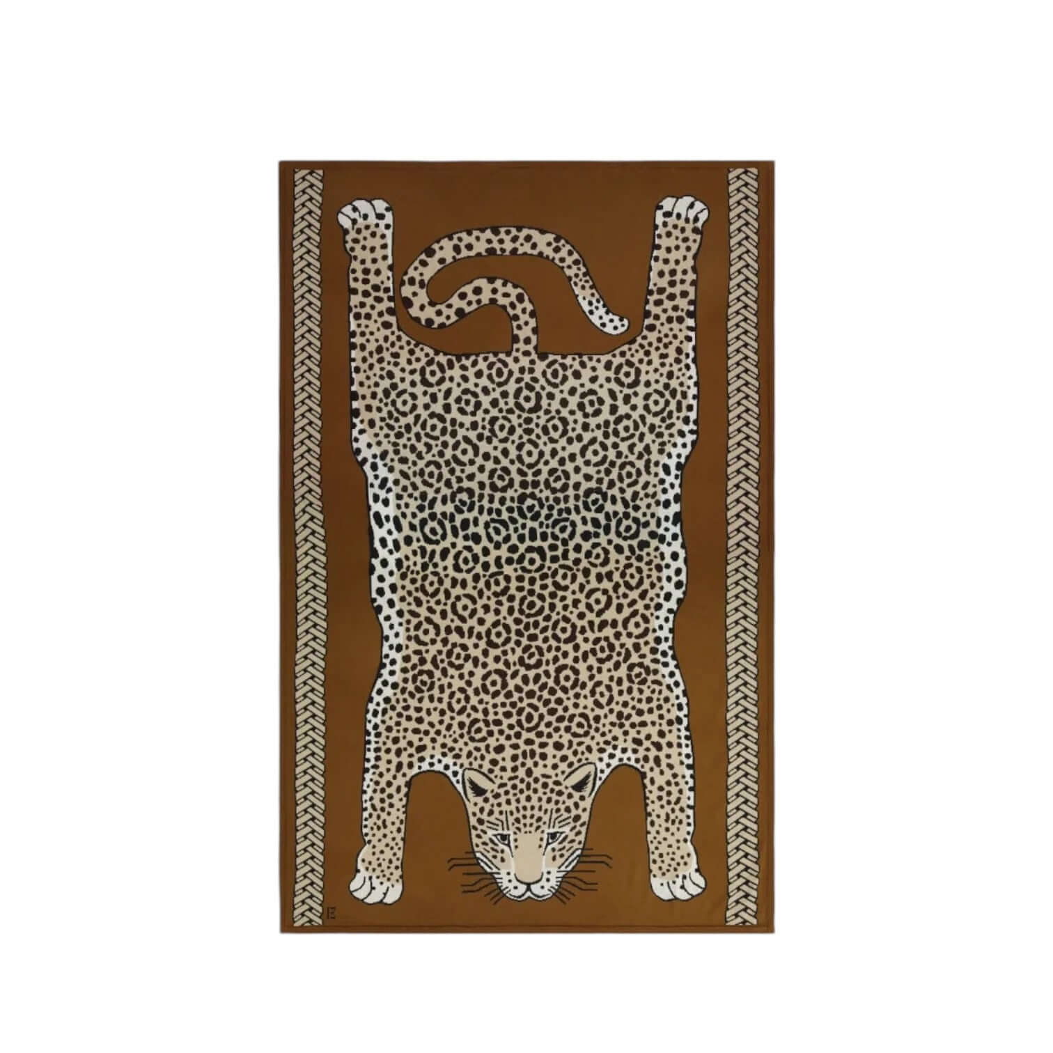 Coperta Leopard Beige in cotone, 130x190 cm, design elegante con motivi leopardati su sfondo marrone.
