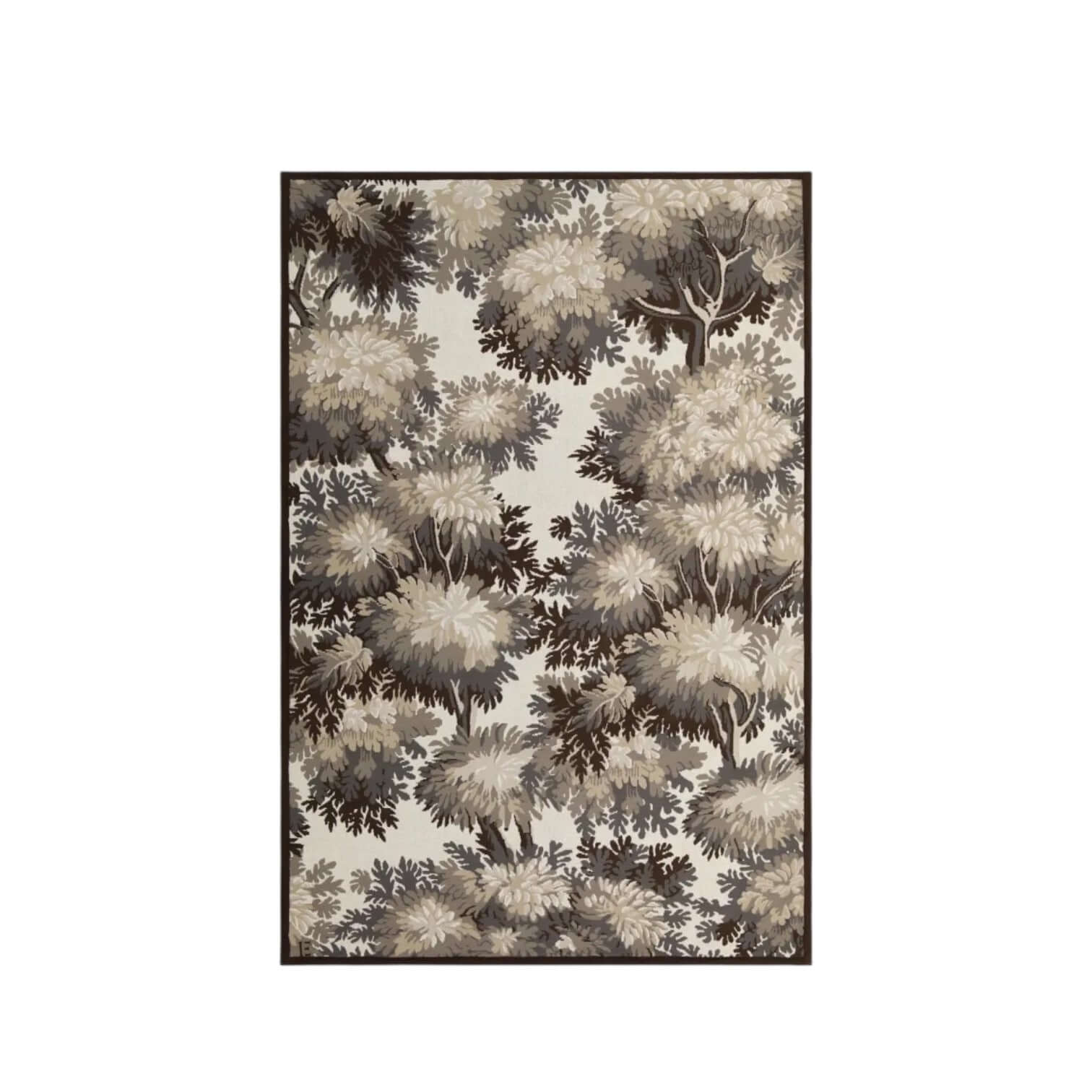 Elegante tappeto con motivo di alberi in tonalità grigio e beige, ideale per decorare gli interni.
