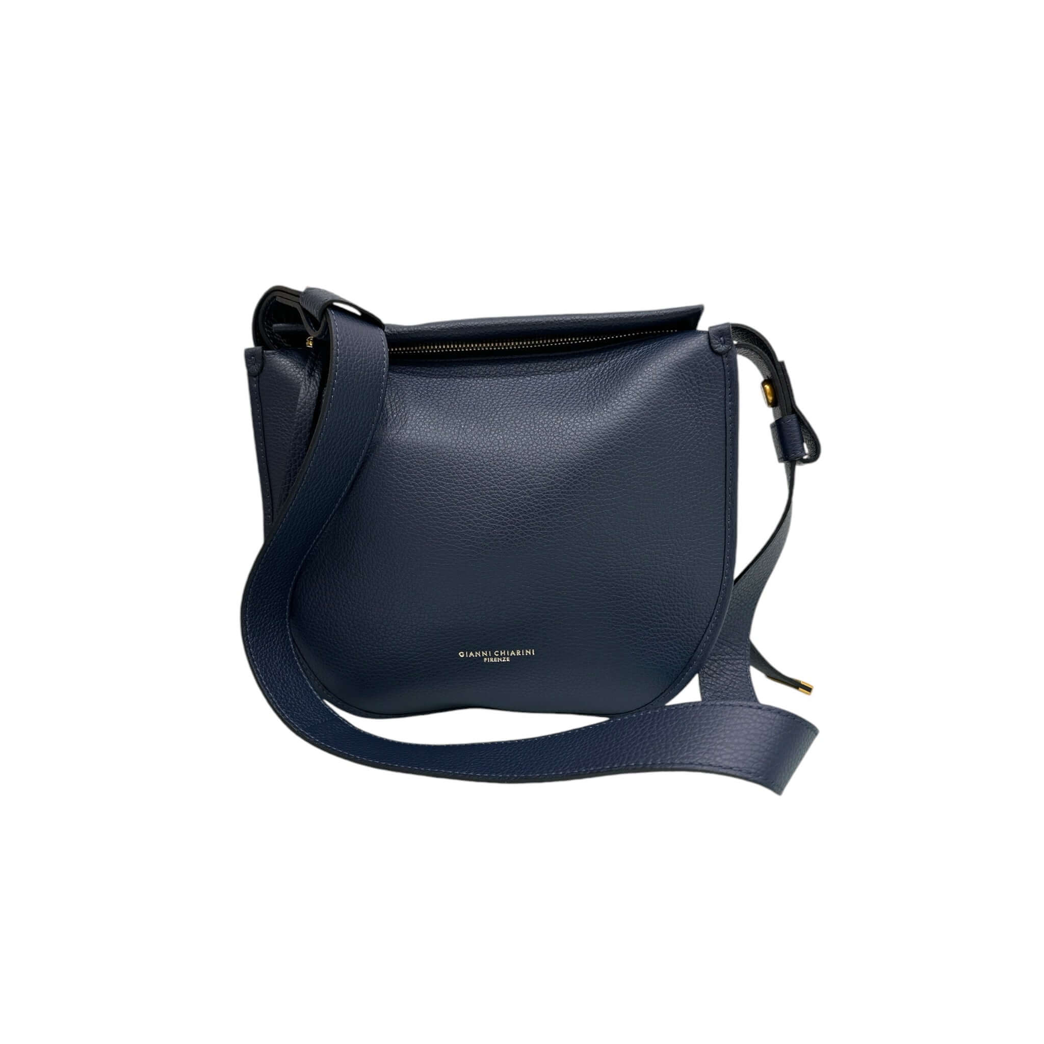 Ginevra by Gianni Chiarini Firenze: navy leather bag with gold accents and adjustable strap, size 29x23x9 cm.