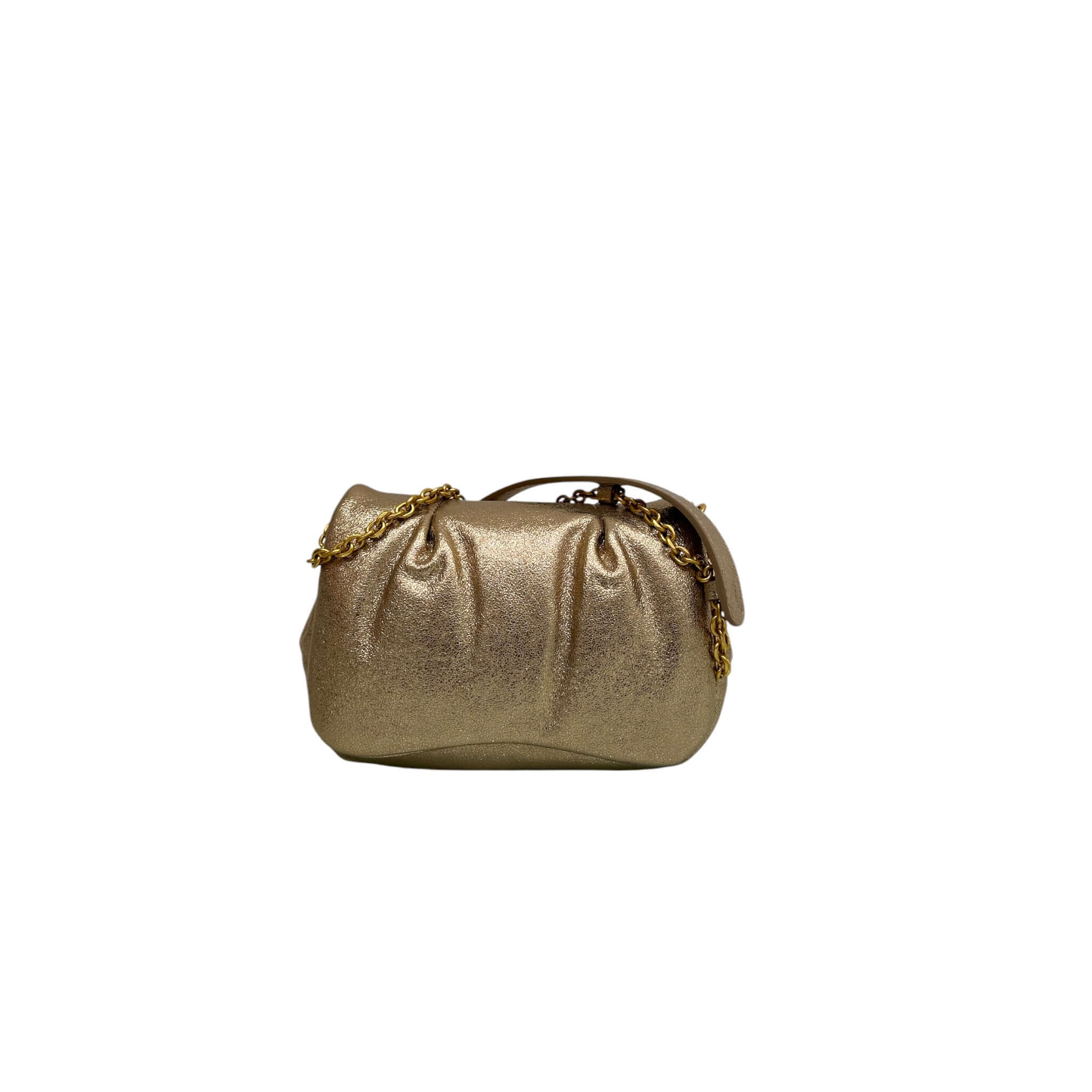 Glenda bag in metallic leather with chain strap, perfect for chic evening outings. Compact design, dimensions 23x13x8 cm.