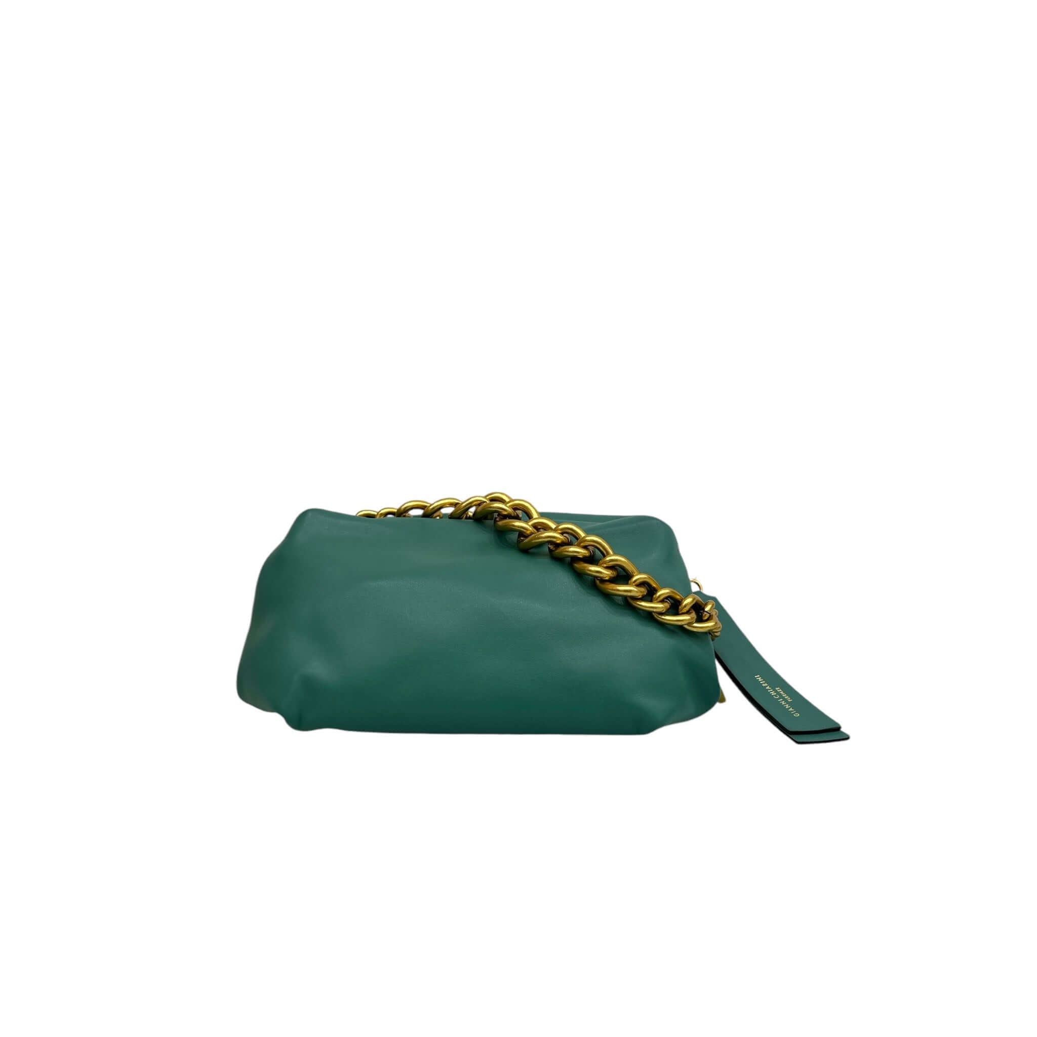 Pochette Gianni Chiarini COLETTE, verde, con catena gold e tracolla in pelle, ampio scomparto interno.