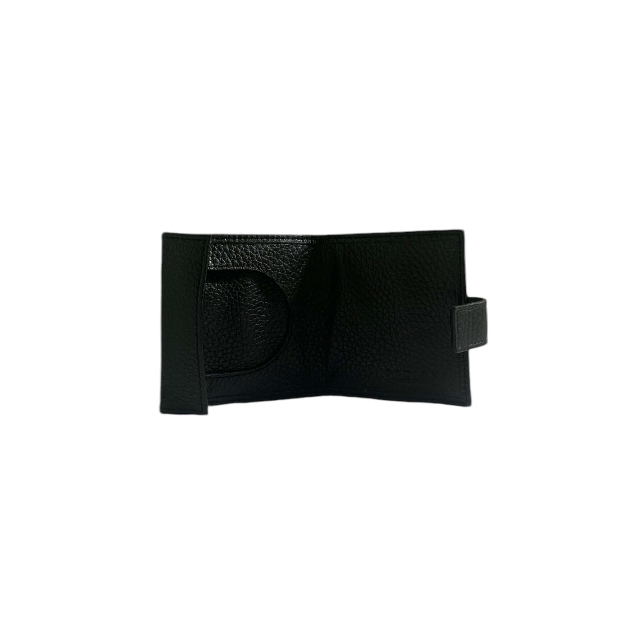 Interior view of the Portamonete Micron in black hammered leather, showcasing its practical design and secure button closure.