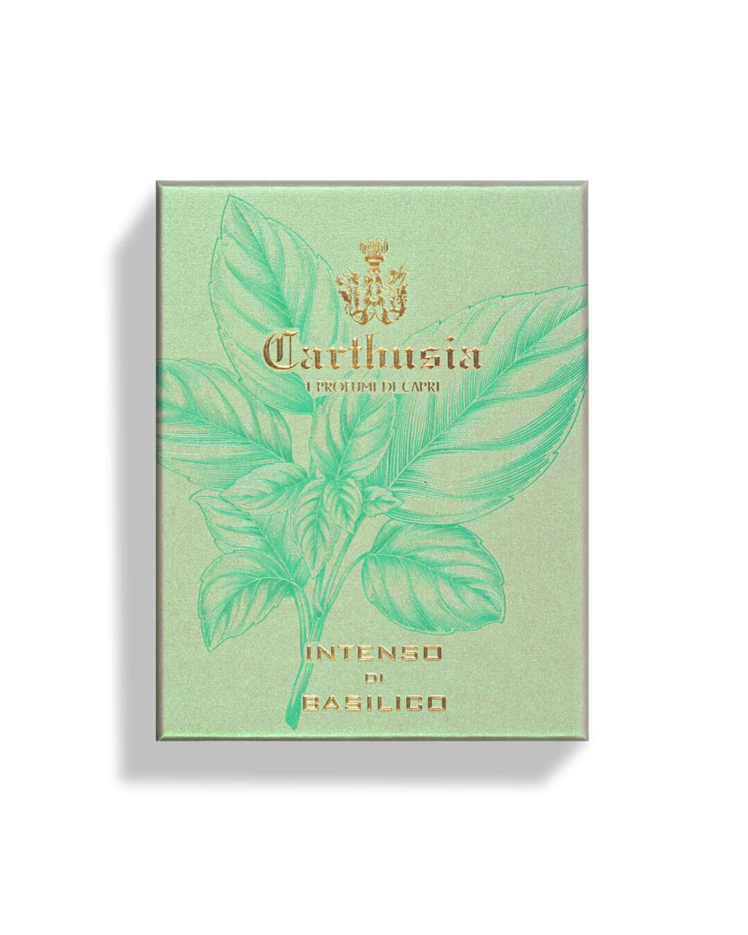 Scatola del profumo intenso di basilico Carthusia con foglie di basilico e logo elegante.