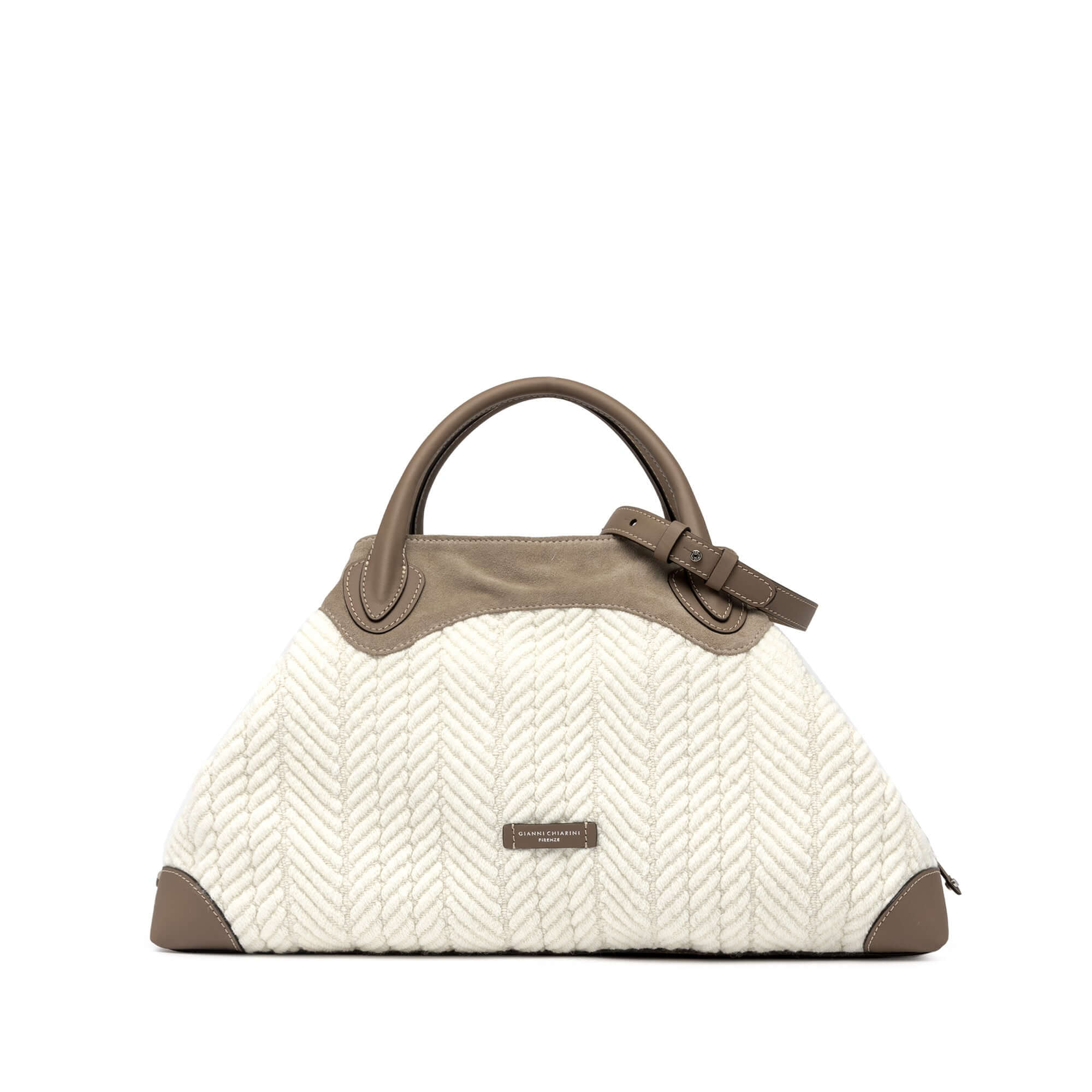 Judy bowling bag in soft jacquard with suede details, multi-use pocket, leather shoulder strap, dimensions 45x27x17 cm.