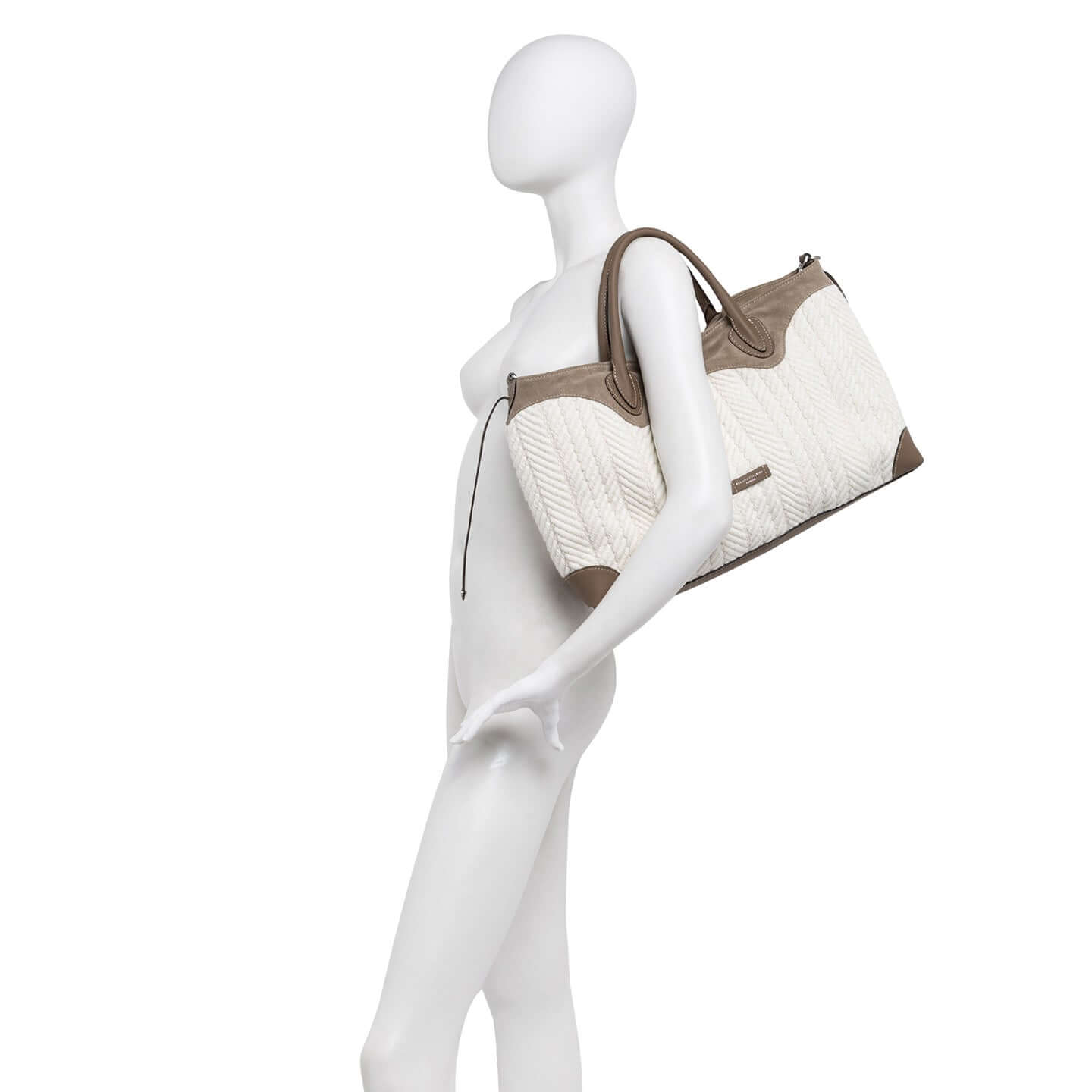 Large Judy bowling bag in soft jacquard with suede details, featuring an internal pocket and leather strap.