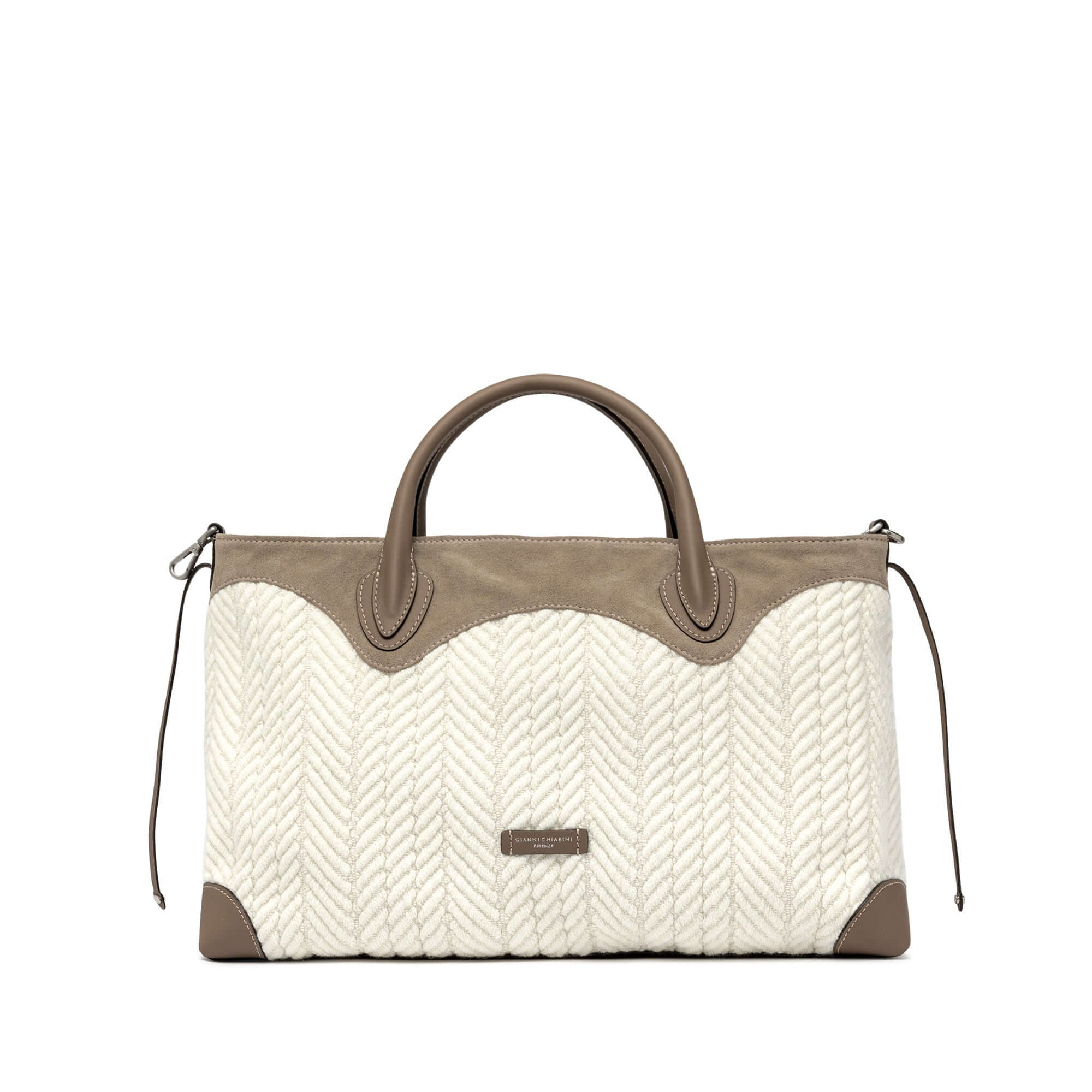 Judy bowling handbag in soft jacquard with suede accents, spacious design 45x27x17 cm, versatile internal pocket.