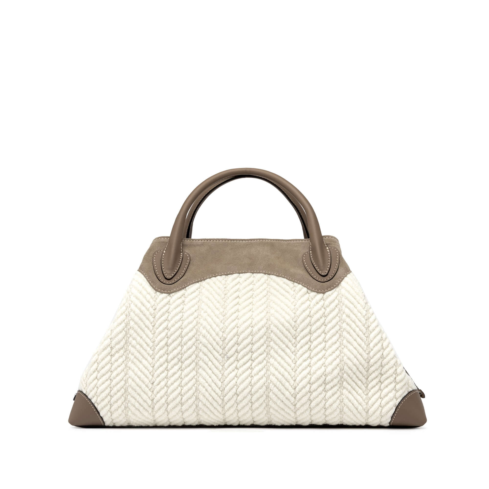 Large Judy bowling bag in soft jacquard with suede details, multi-functional pocket, leather strap, 45x27x17 cm.
