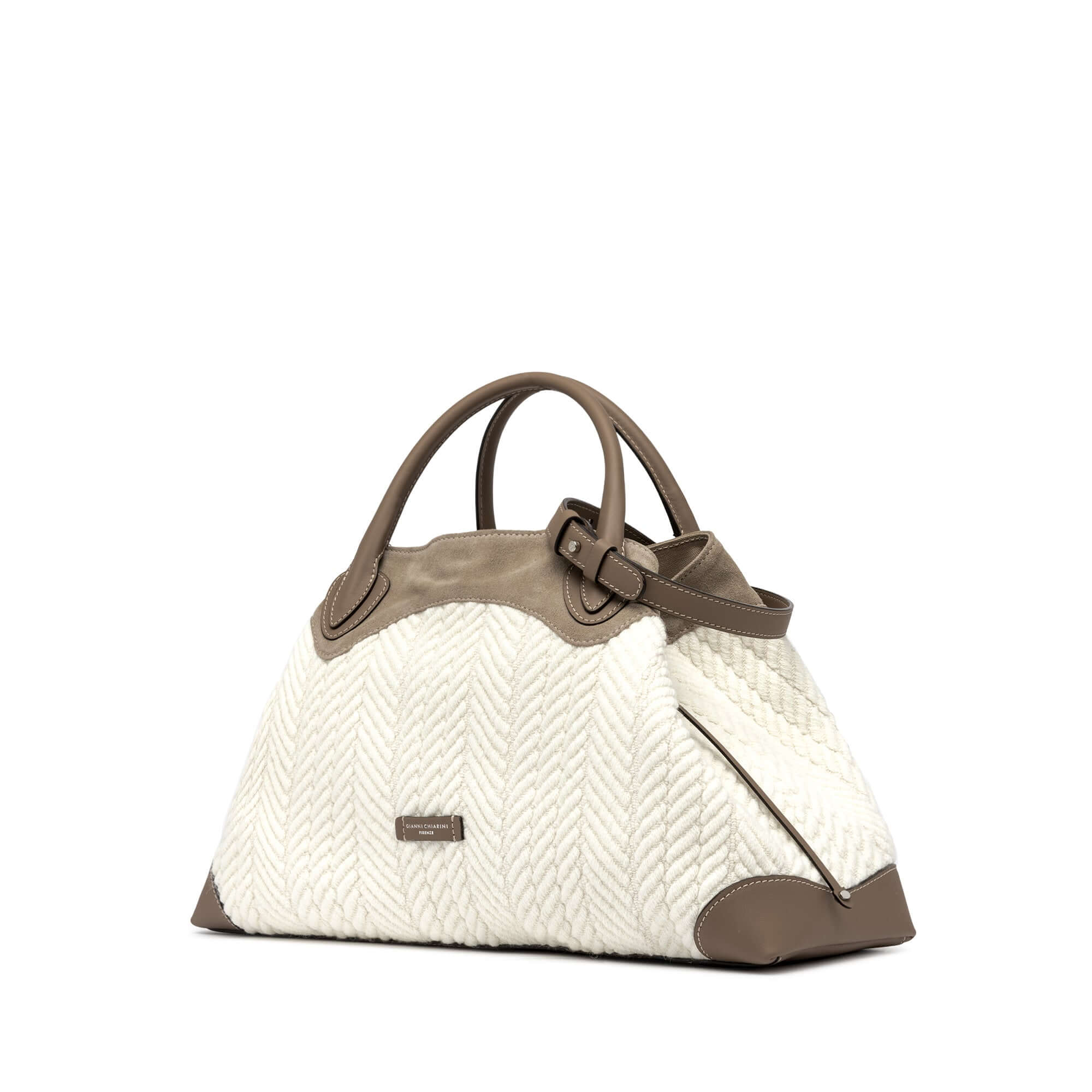 Judy large bowling bag in soft jacquard and suede with multi-use internal pocket, leather shoulder strap, dimensions 45x27x17 cm.