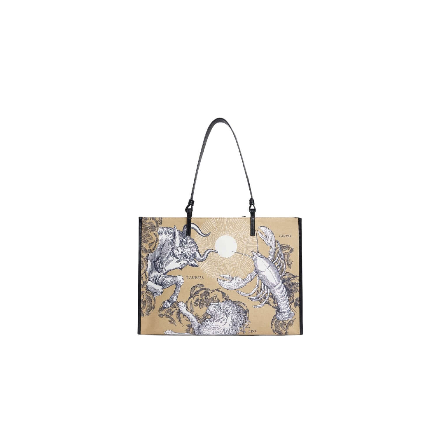 Stylish Borsa Shopping Astrologie bag featuring zodiac designs with leather handles, perfect for everyday use.