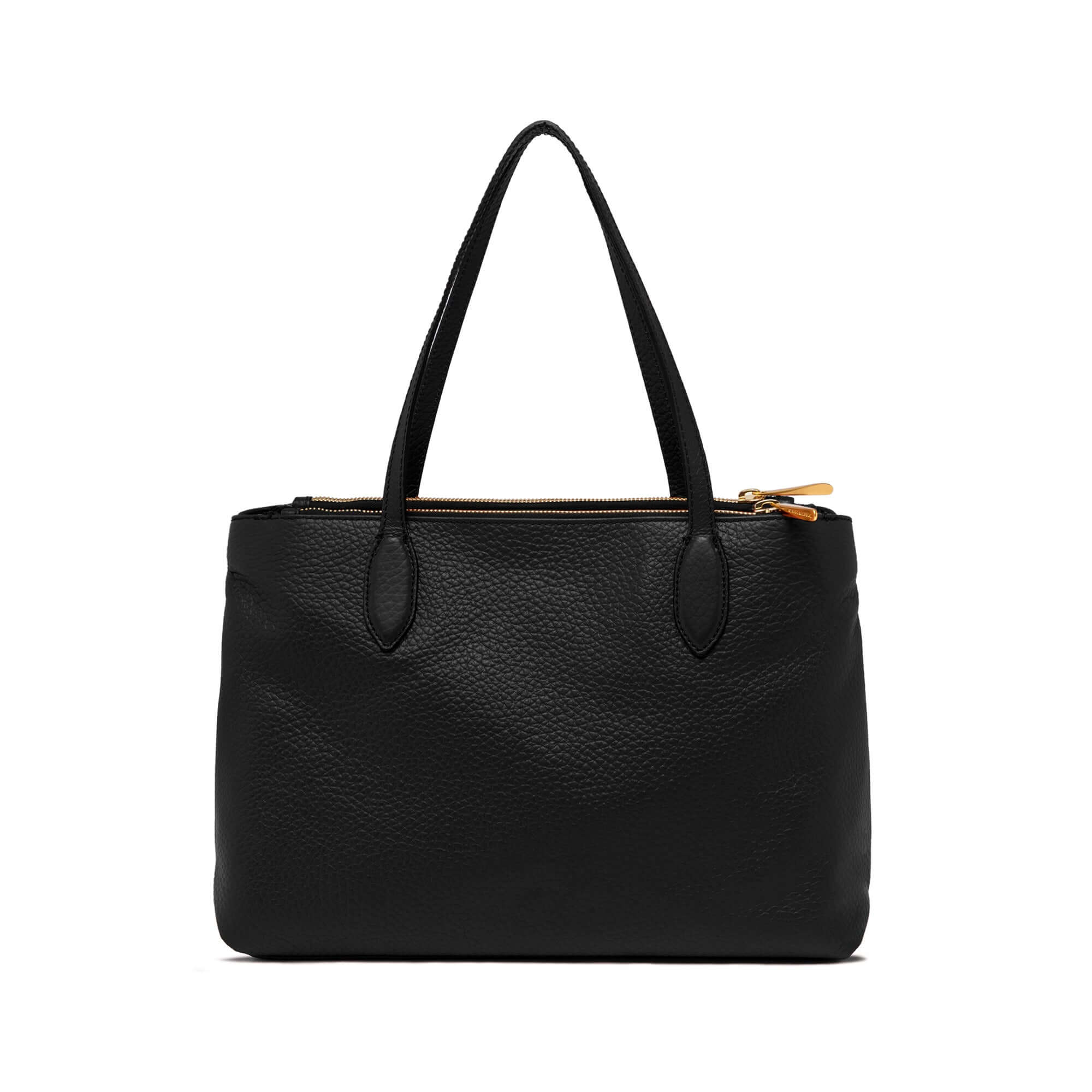 Elegant black leather shopping bag with dual zip closure and comfortable handles, ideal for office and weekend use.