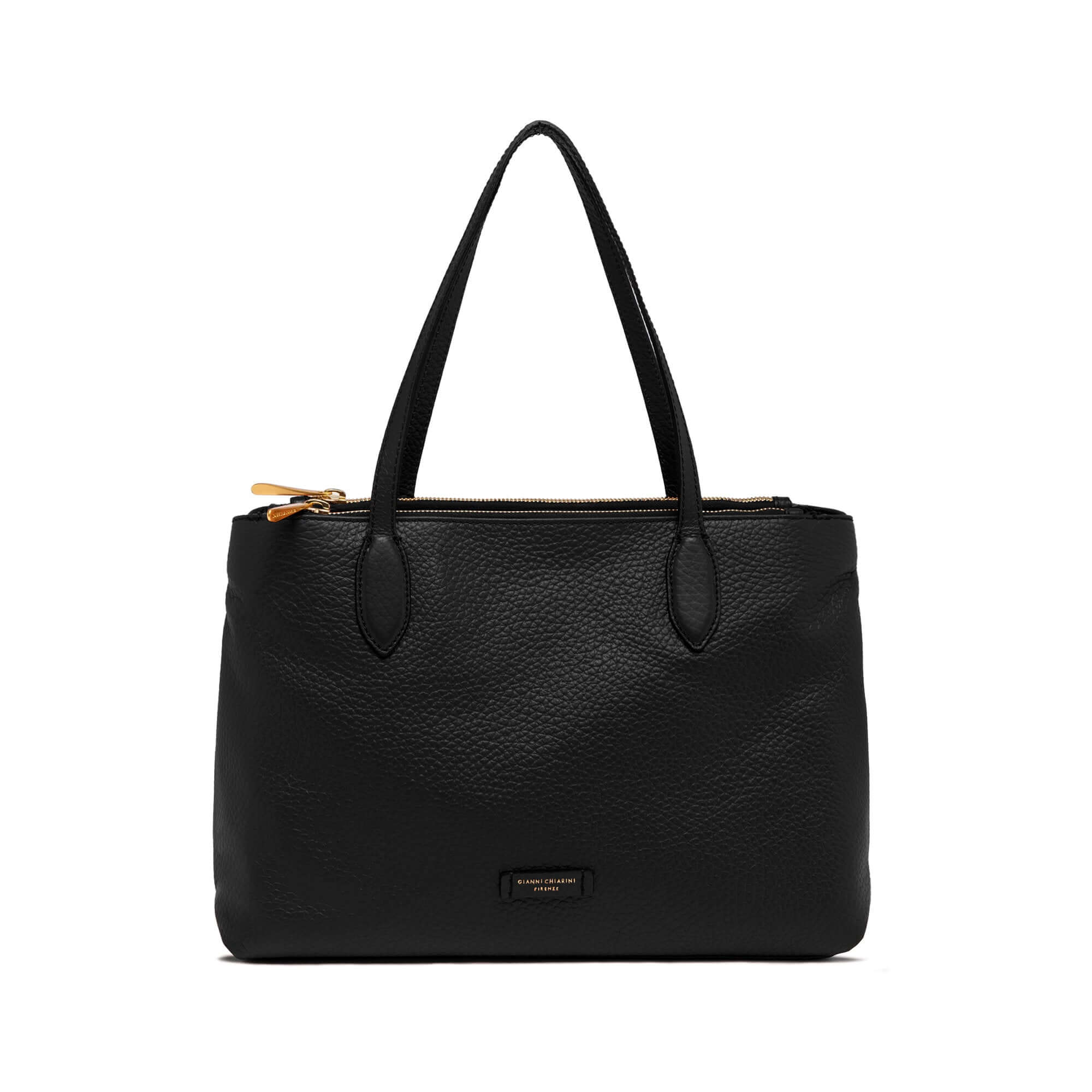 Elegant black leather shopping bag with double zip closure and two sturdy handles.