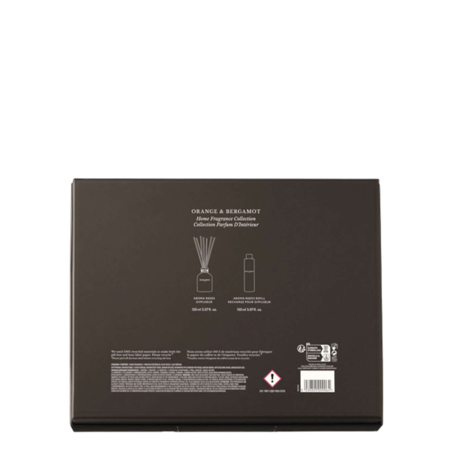 Orange & Bergamot Diffusore packaging back view, includes 150ml diffuser and refill information.