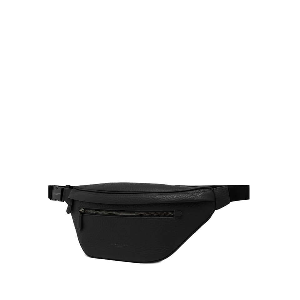 Black leather marsupio featuring a zippered main compartment and front pocket, versatile for daily use.