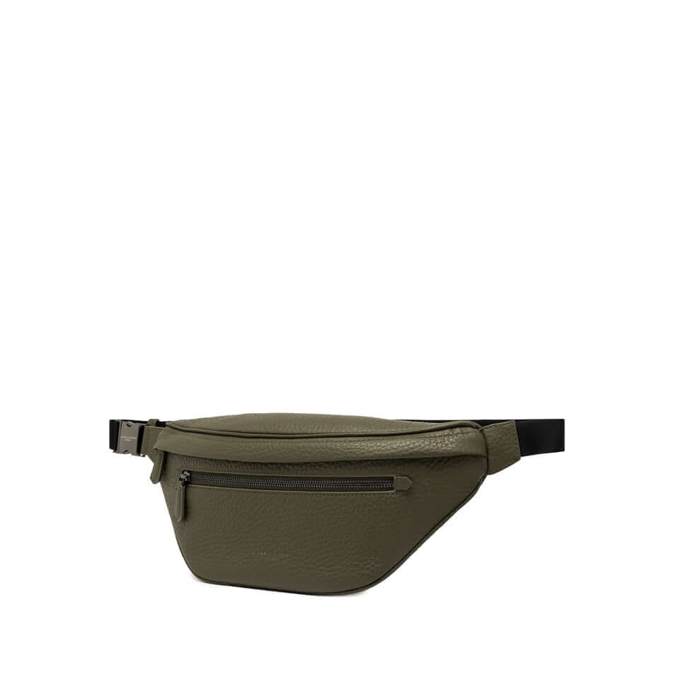 Versatile green leather marsupio with zip compartment and logo buckle, ideal for daily use.