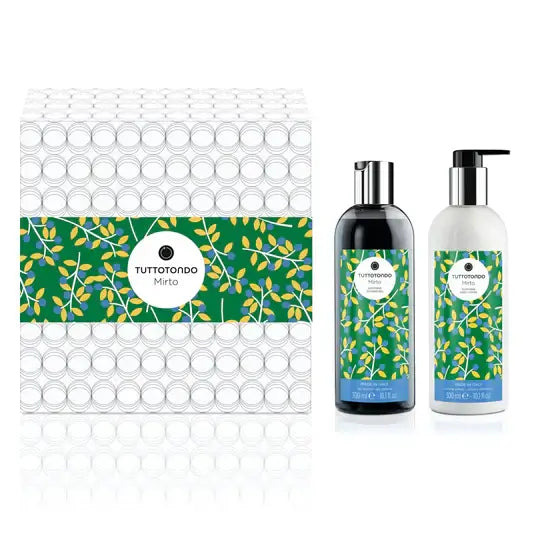 Cofanetto Mirto Tuttotondo con gel doccia e lozione corpo, ideale per regali di Natale e benessere quotidiano.