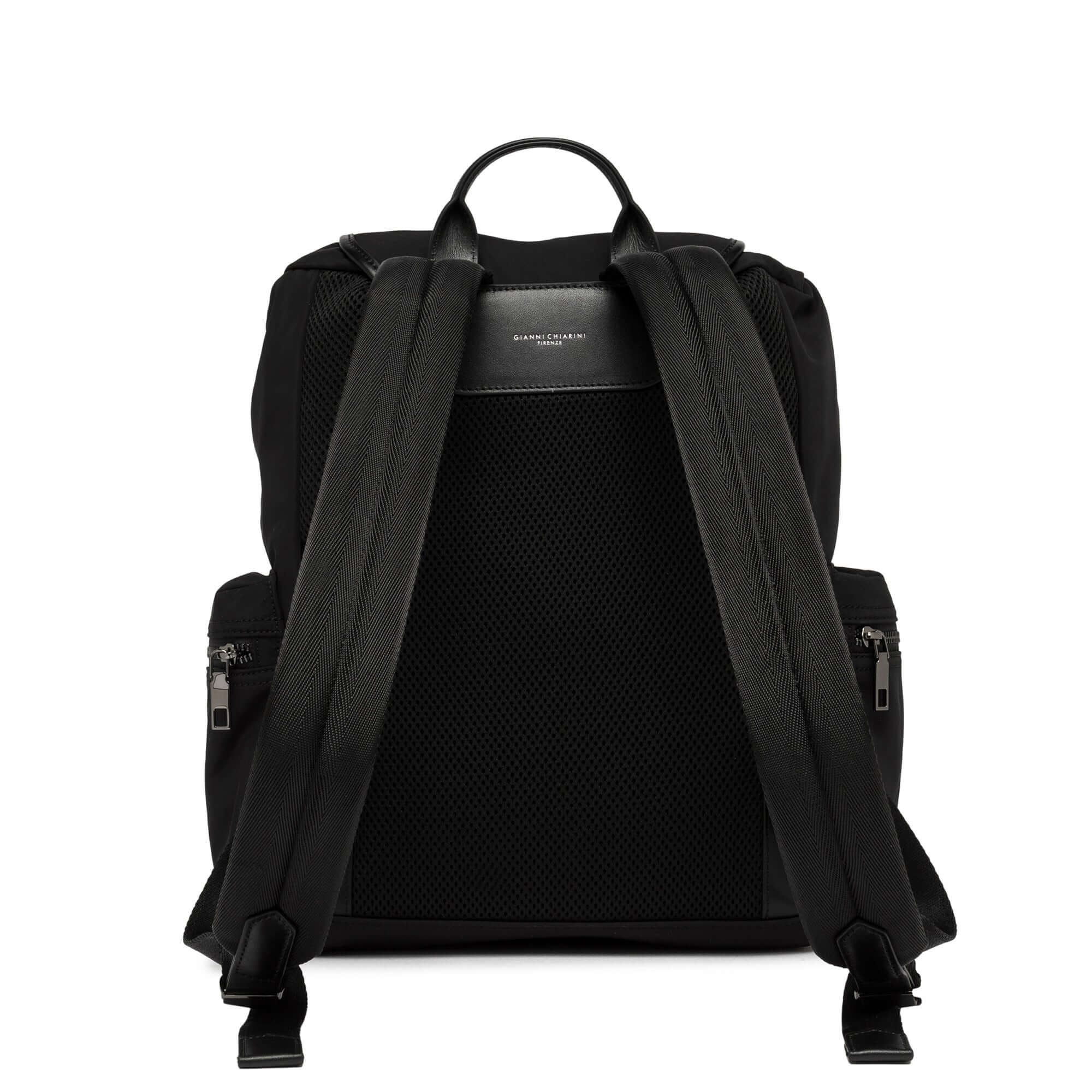 Back view of the OSLO backpack by Gianni Chiarini, featuring a sleek design, fabric straps, and zippered side pockets.