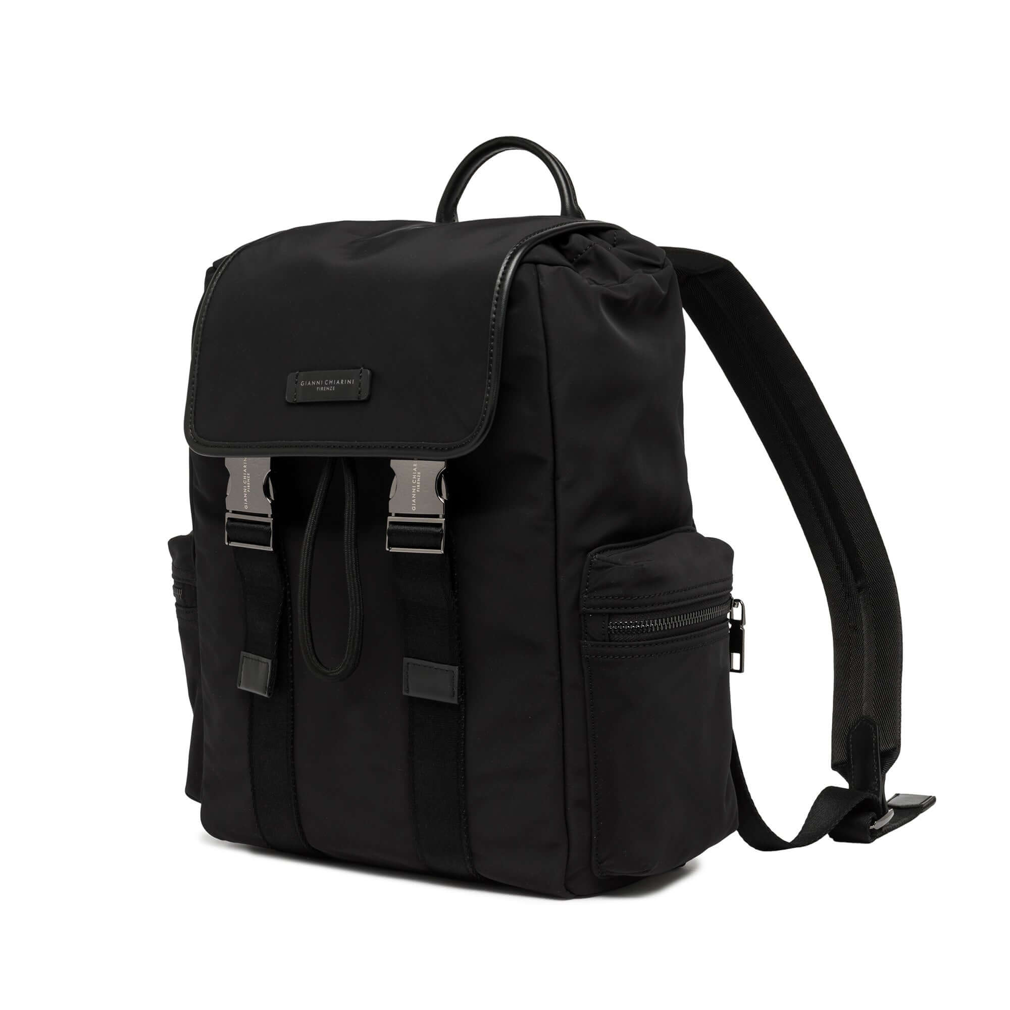 OSLO backpack by Gianni Chiarini Firenze, minimal design in black nylon with leather accents and metal clips.