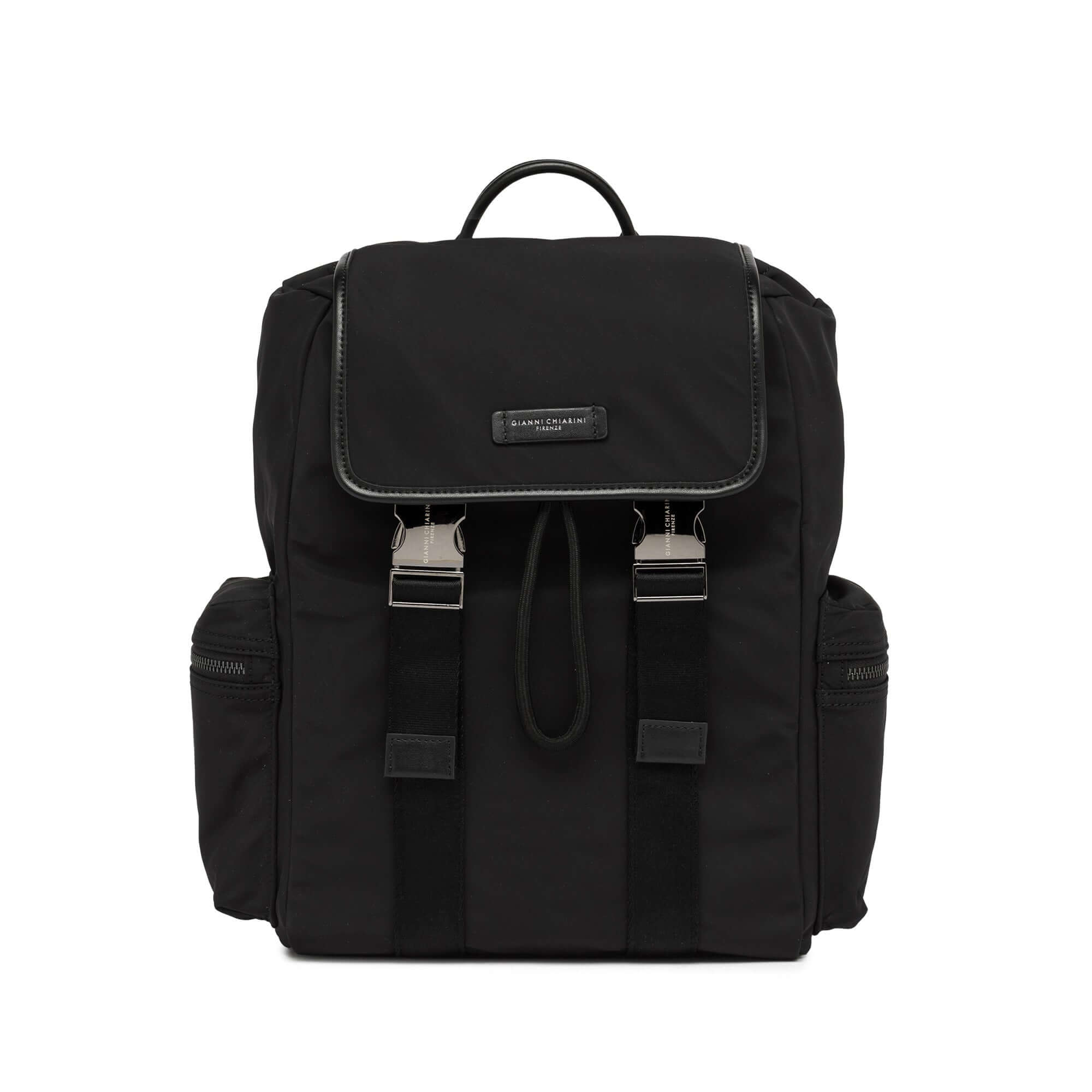 Oslo backpack by Gianni Chiarini, minimalist design in nylon with leather accents, featuring zip pockets, and drawstring closure.