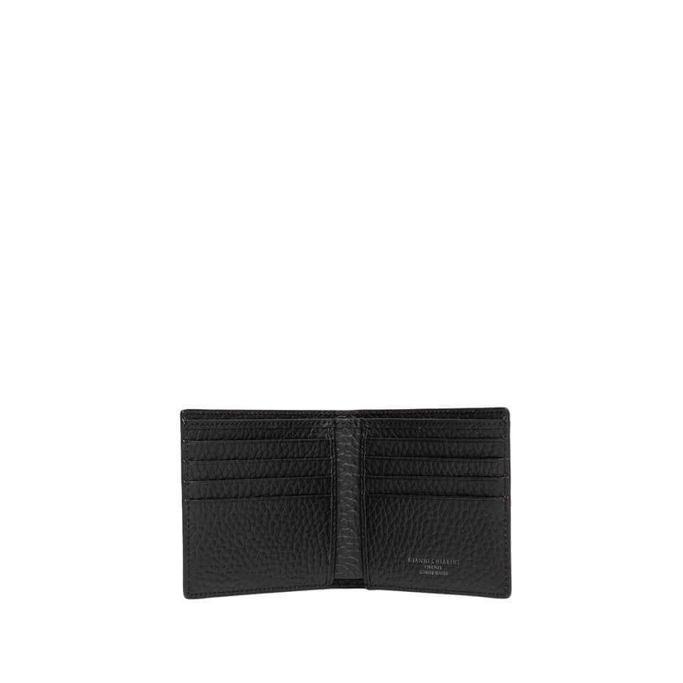 Portafoglio in pelle nera con scomparti portacarte, elegante design pratico per l'uso quotidiano.