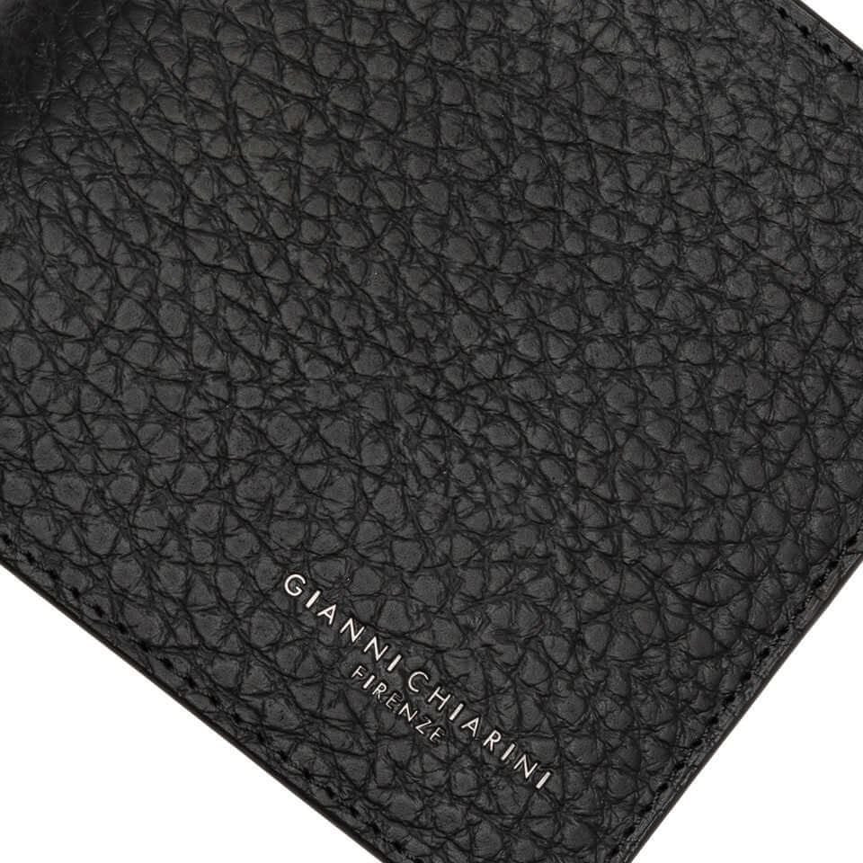 Close-up of Gianni Chiarini black leather wallet showcasing textured finish and logo detail.