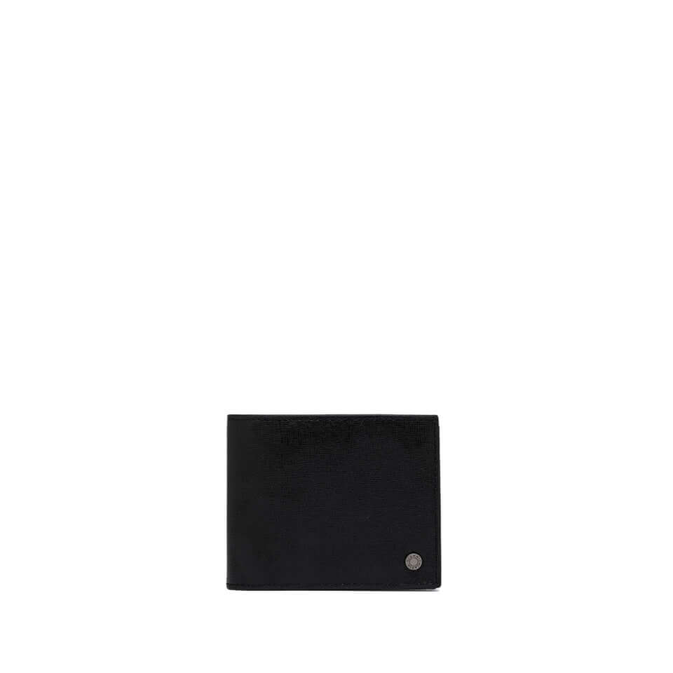 Portafoglio in pelle nero con scomparto per banconote e otto scomparti per carte, made in Italy.