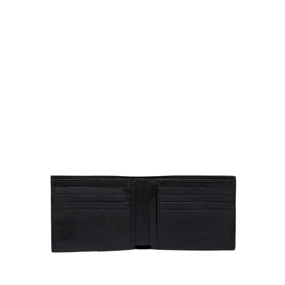 Portafoglio in pelle nero con otto scomparti per carte e scomparto per banconote, made in Italy.
