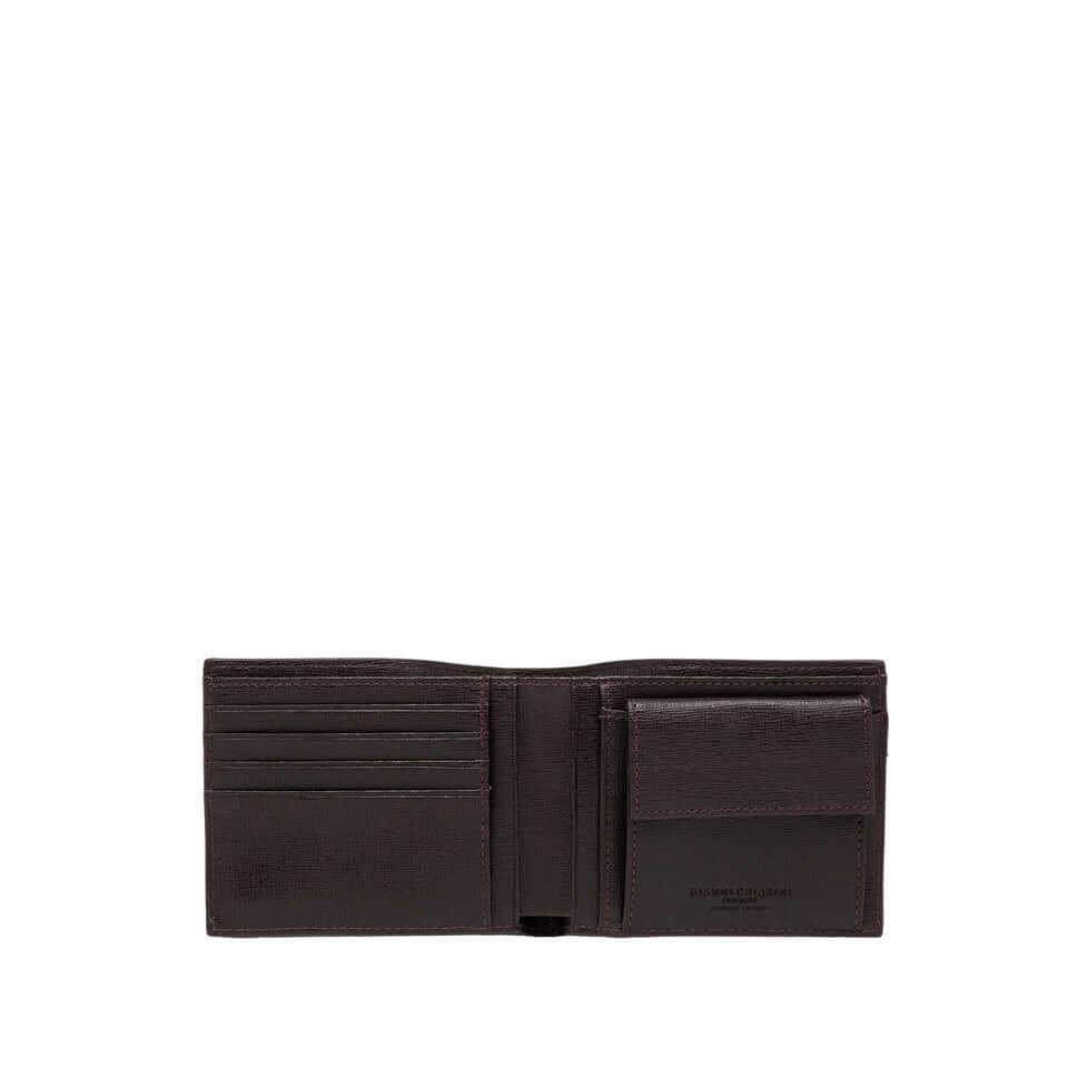 Portafoglio in pelle made in Italy con otto scomparti per carte e scomparto per banconote, colore marrone.