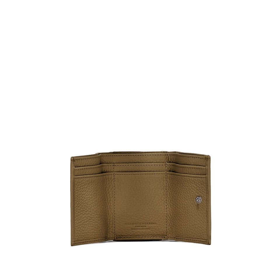 Gianni Chiarini Firenze grain wallet with multiple card slots and zip compartment, showcasing soft textured leather in olive green.