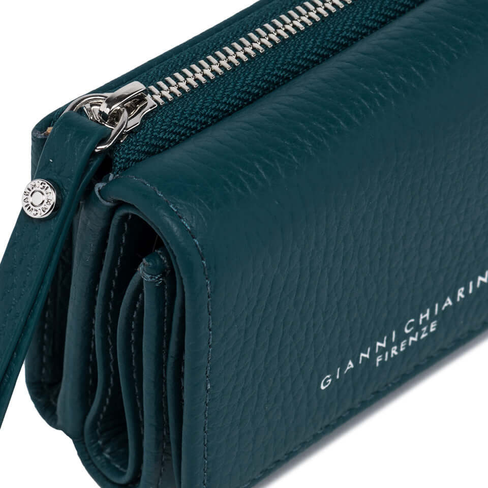 Elegant teal leather wallet by Gianni Chiarini Firenze with zip closure and multiple card slots.