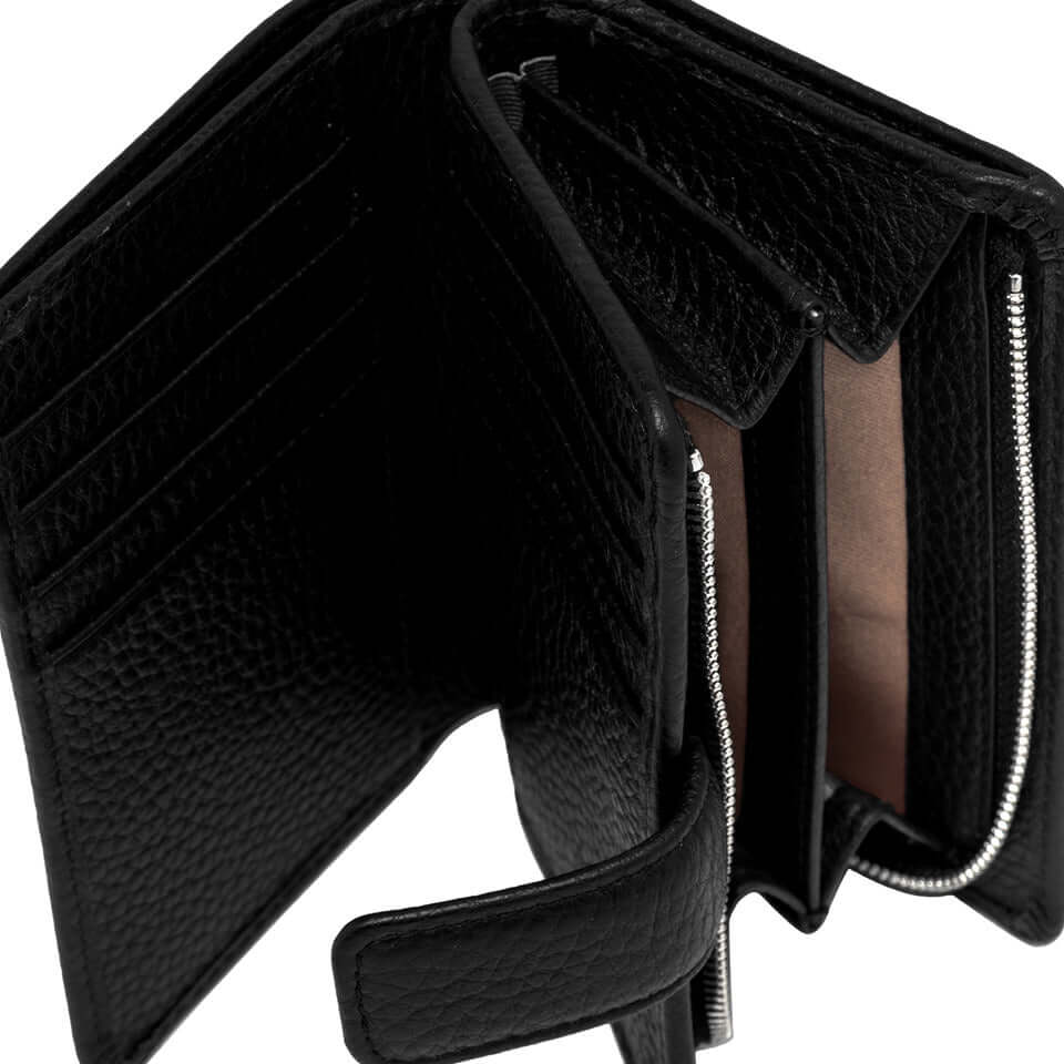 Interior view of the Wallets Dollaro by Gianni Chiarini, showcasing multiple pockets and smooth black hammered leather.