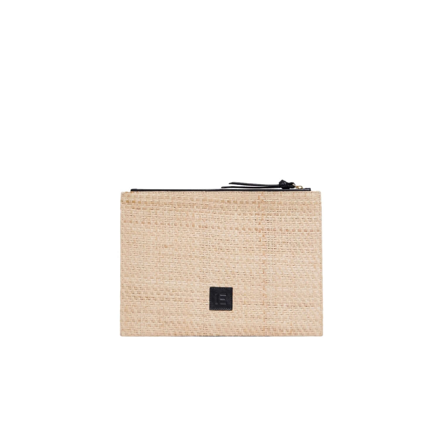 Pochette Broode Daisy Eyes in natural raffia with leather trim and zip closure, ideal for storing essentials.