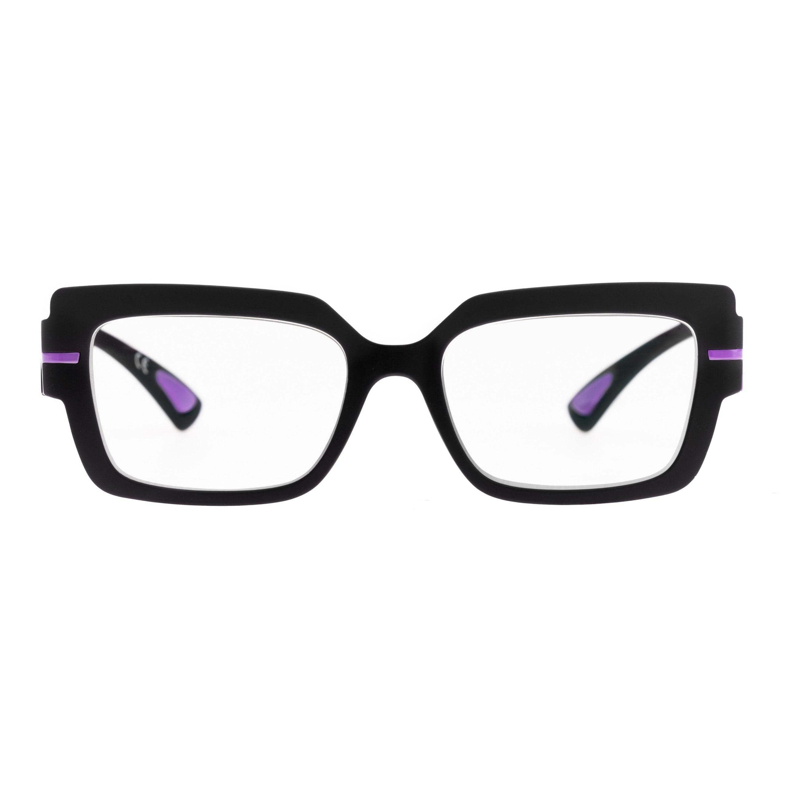 SCARLETT C4 glasses in total black with purple detailing, bold rectangular design, and phototropic grey lenses.