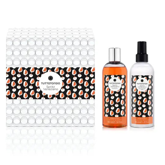 Spritz Veneziano kit featuring shower gel and body lotion, beautifully packaged in a vibrant box with colorful design.