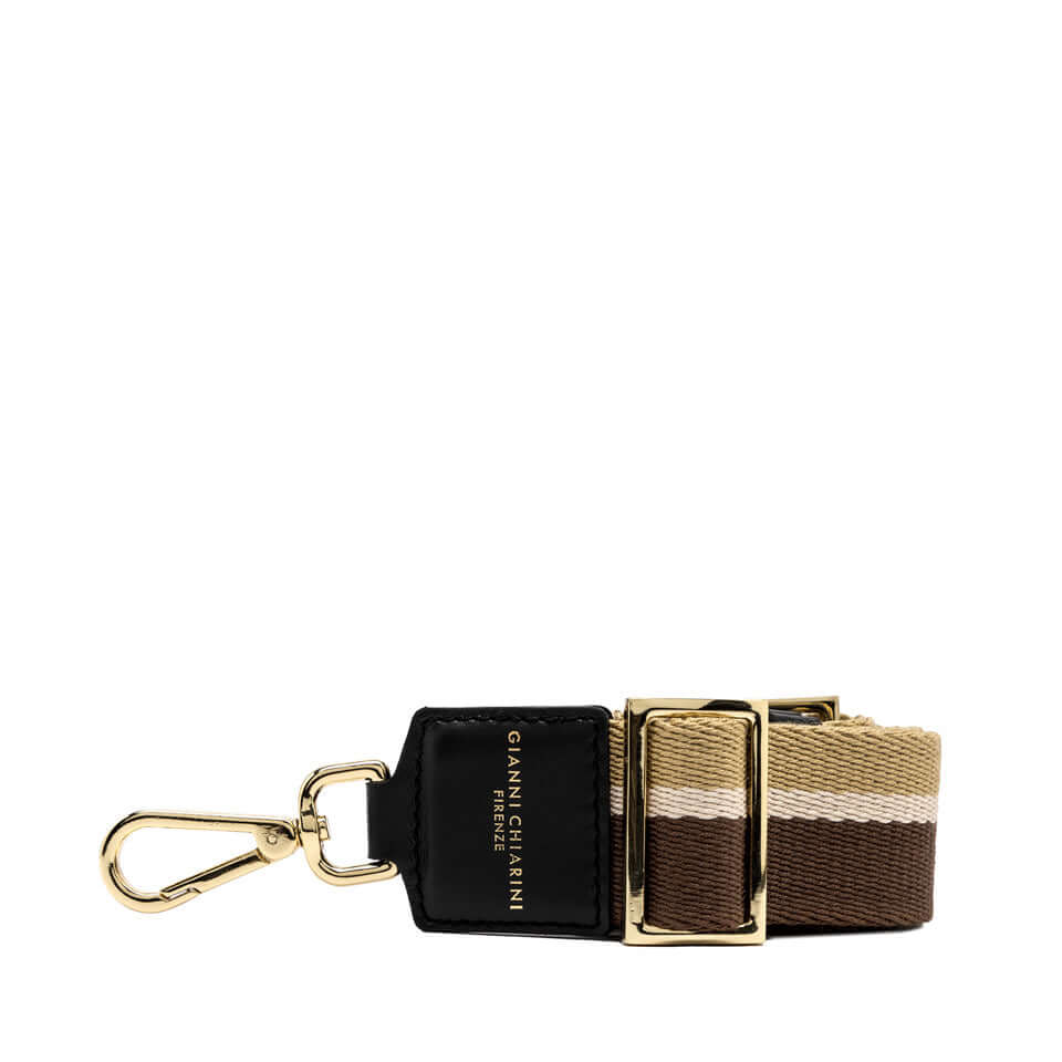 Tracolla Multi3, multicolored striped fabric strap with leather accents and metal clips, dimensions 125x4 cm.