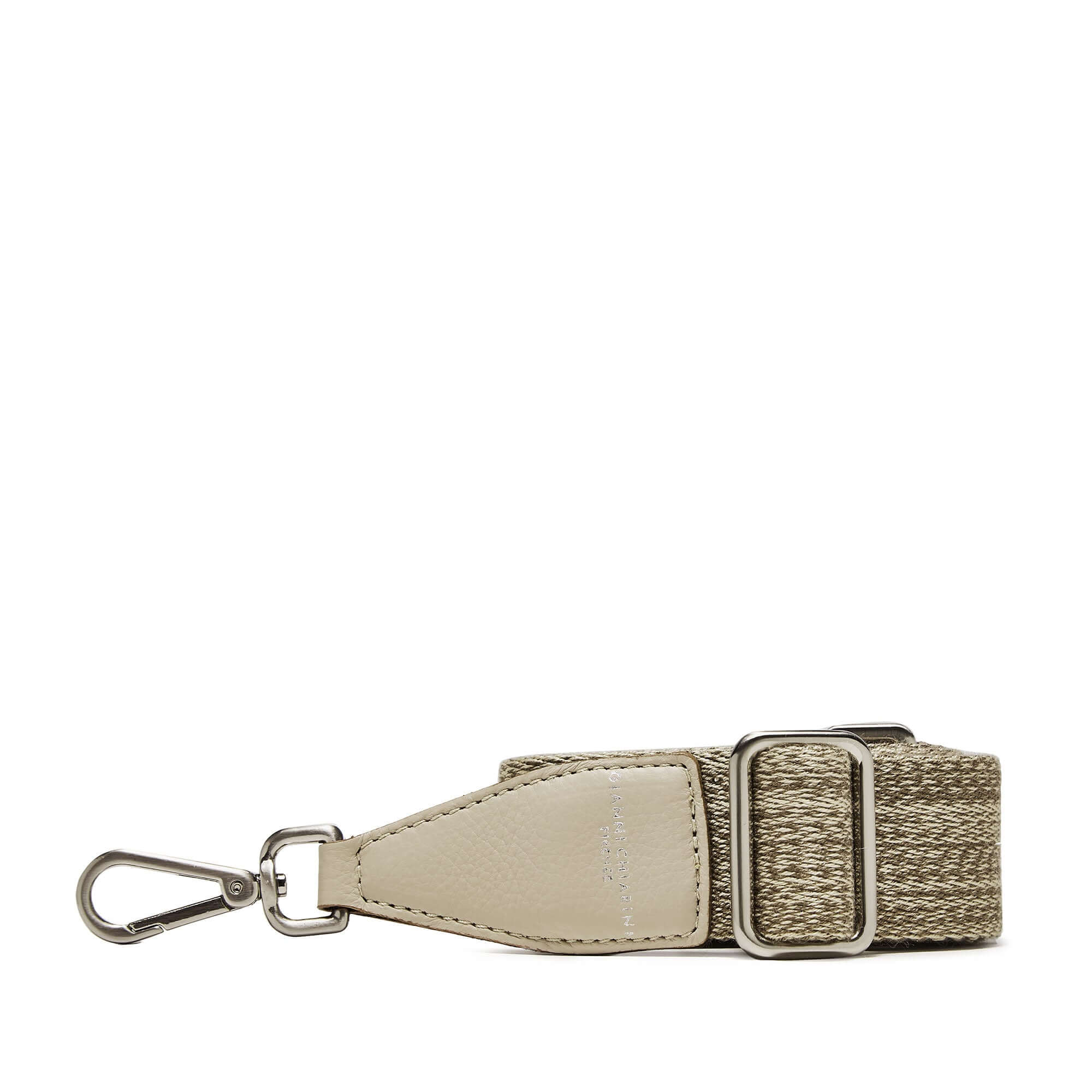 Tracolla Melange Gianni Chiarini in nastro melange con moschettone in metallo e inserti in pelle, dimensioni 125x4 cm.