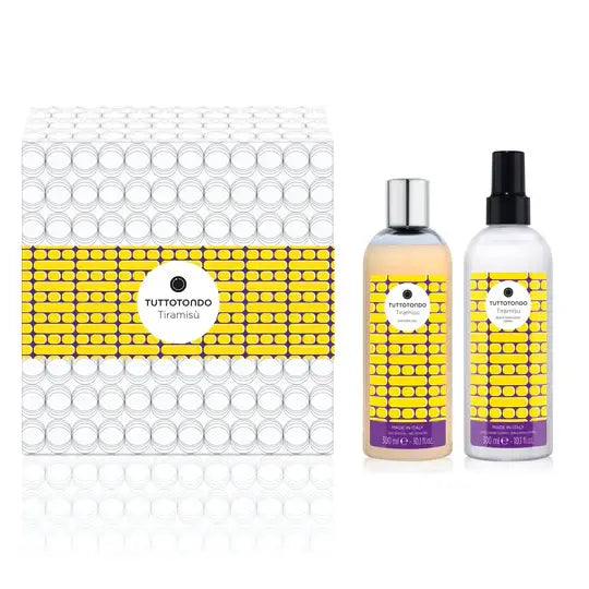 Tiramisù Kit with gel douche and body lotion, featuring a luxurious Italian design in yellow and white packaging.