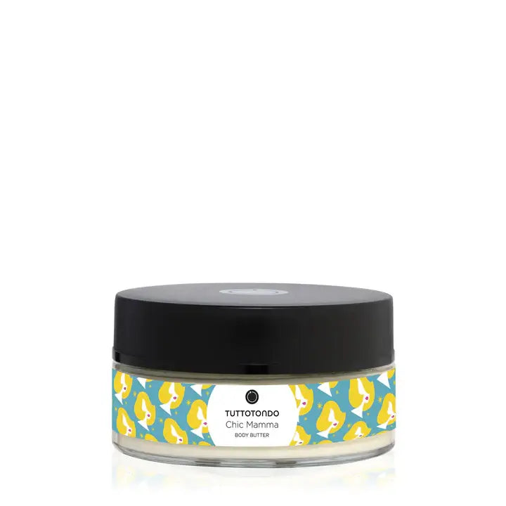 Chic Mamma body butter by Tutto Tondo in a stylish jar with colorful design and black lid.