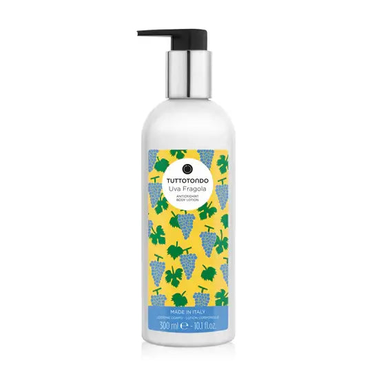 Tuttotondo Uva Fragola Body Lotion, 300ml, with vibrant grape-themed packaging, made in Italy.