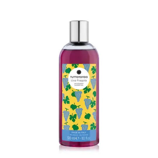 Uva Fragola gel doccia 300 ml, privo di parabeni e arricchito con estratti antiossidanti di vite rossa e melograno.