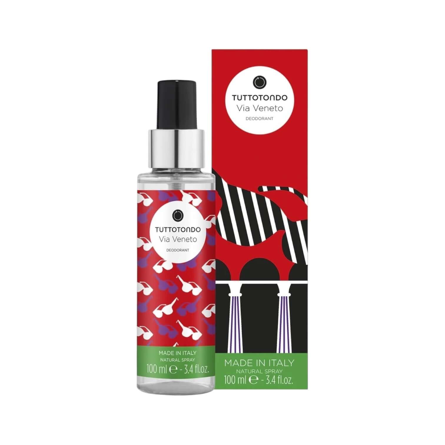 Via Veneto Deodorante spray by Tuttotondo, made in Italy, featuring a vibrant packaging design.