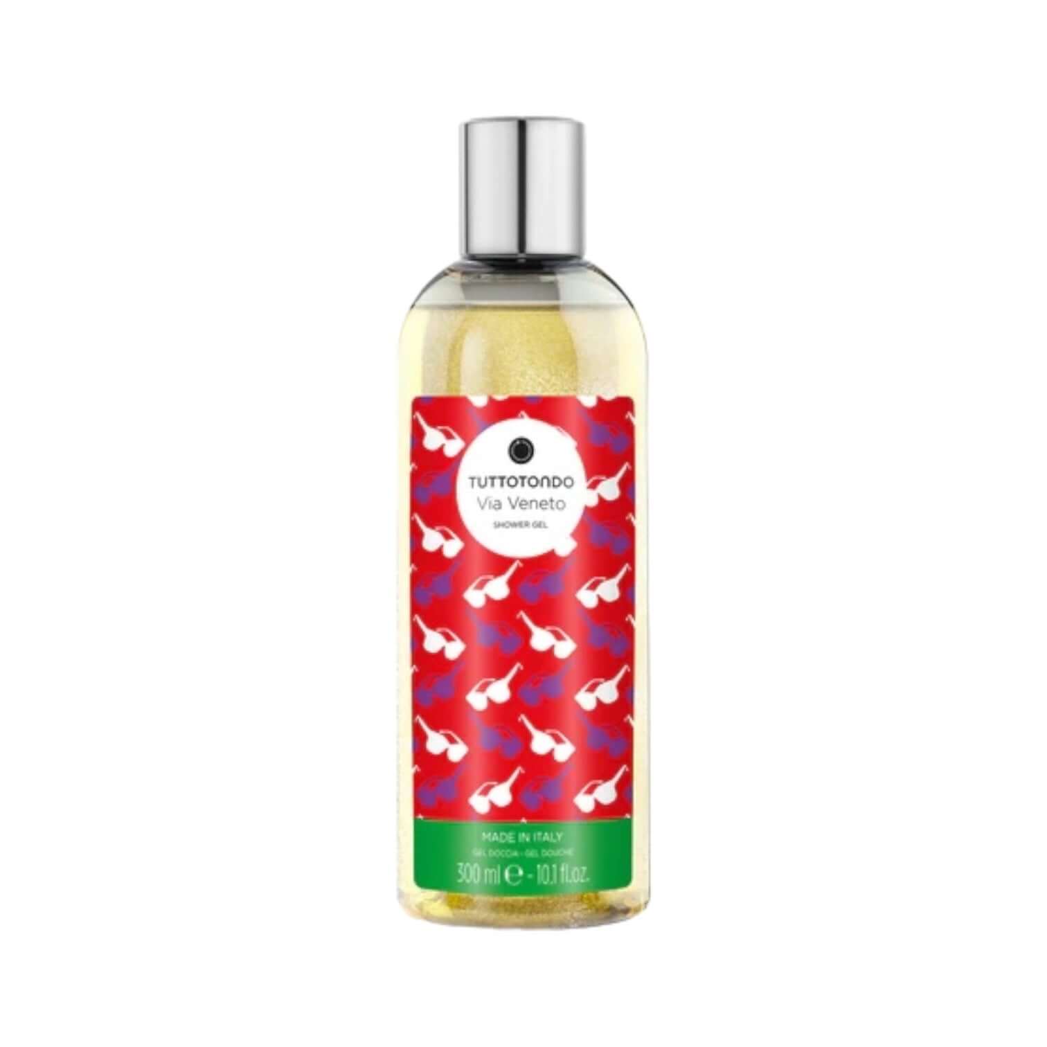 Via Veneto shower gel bottle with vibrant red design and gold glitter, celebrating joyful beauty routine.