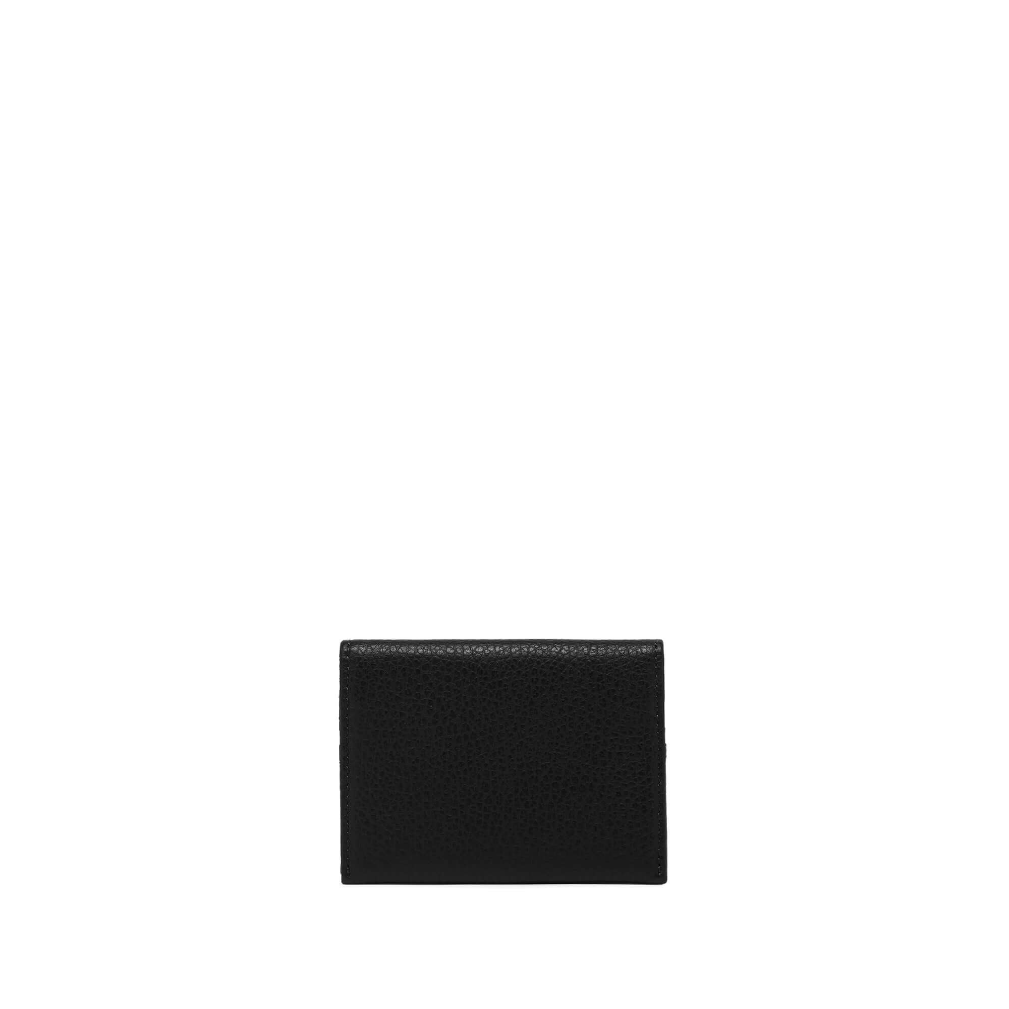 Elegant black wallet with textured finish, featuring card slots and flat pockets, compact size 10x8x1 cm.