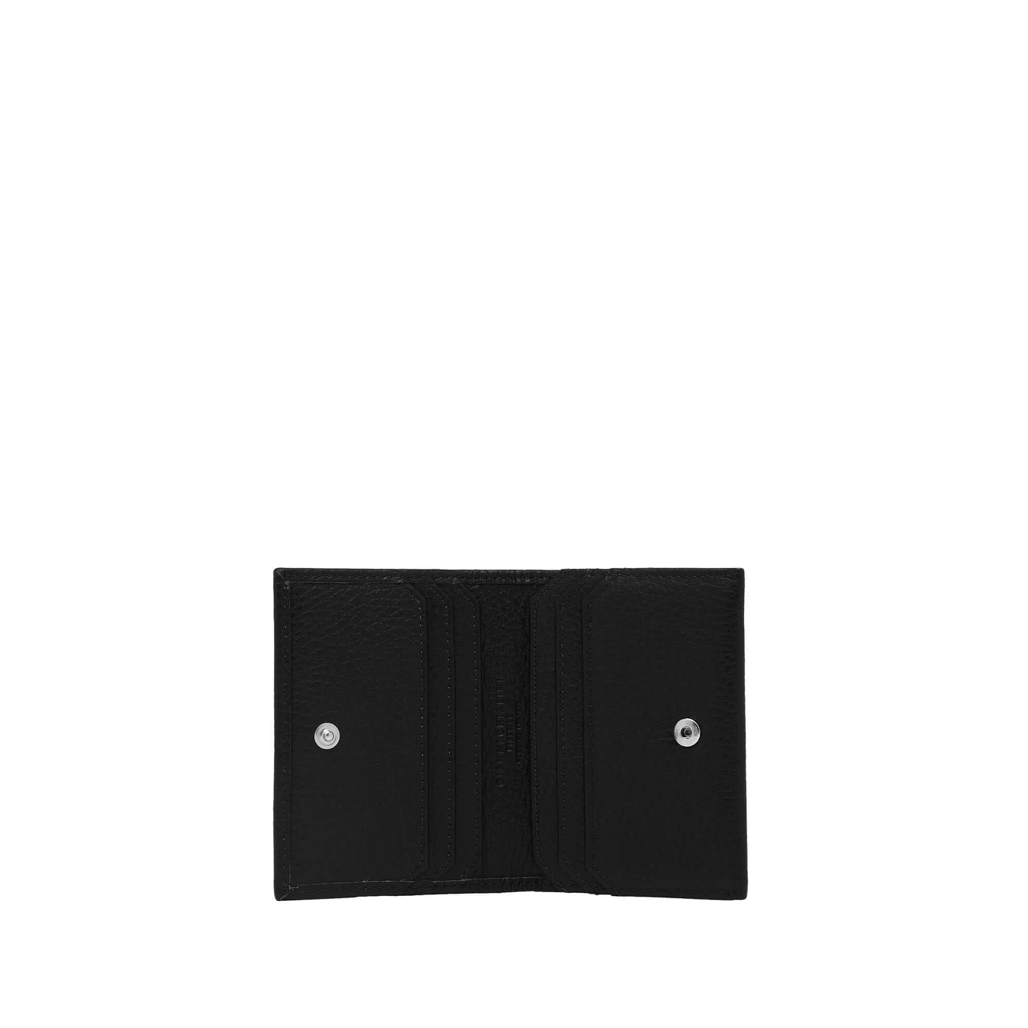 Black leather wallet featuring card slots and flat pockets, dimensions 10x8x1 cm, perfect for organizing cards.